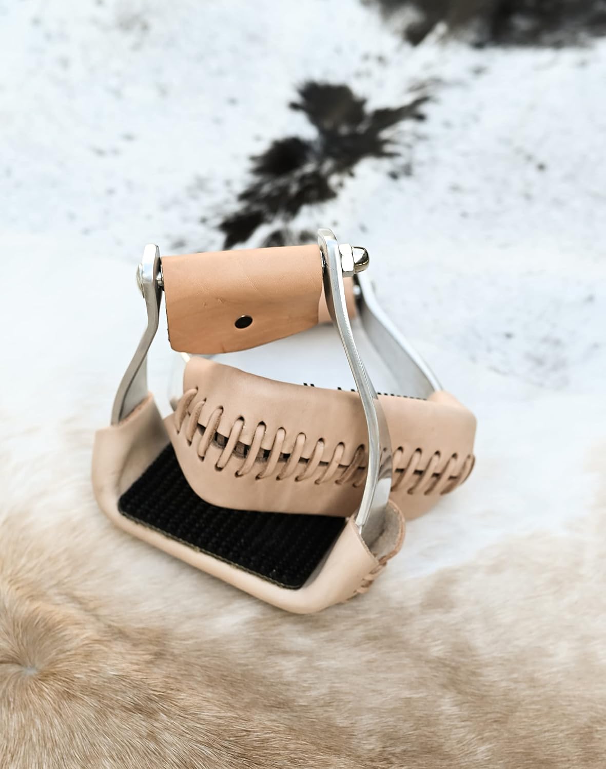 AJ Tack Twisted Slant Aluminum Western Stirrups, 3 Wide Rubber Tread, Ergonomic Angled Design, Lightweight Saddle Stirrups with Leather Accents