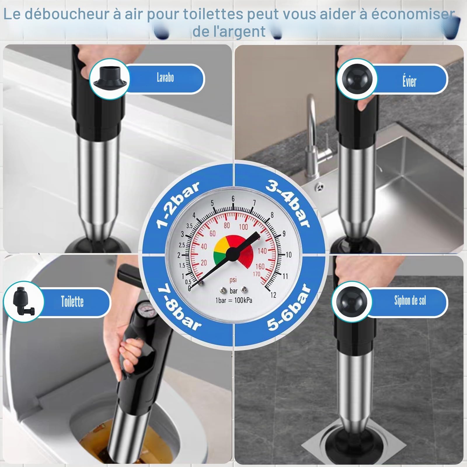 Déboucheur WC Ventouse Haute Pression avec Baromètre, 3 Têtes de Piston et Gonfleur pour Évier, Baignoire, Douche, 4 Accessoires Complet pour Dégorgement Éfficient (2e, Noir)