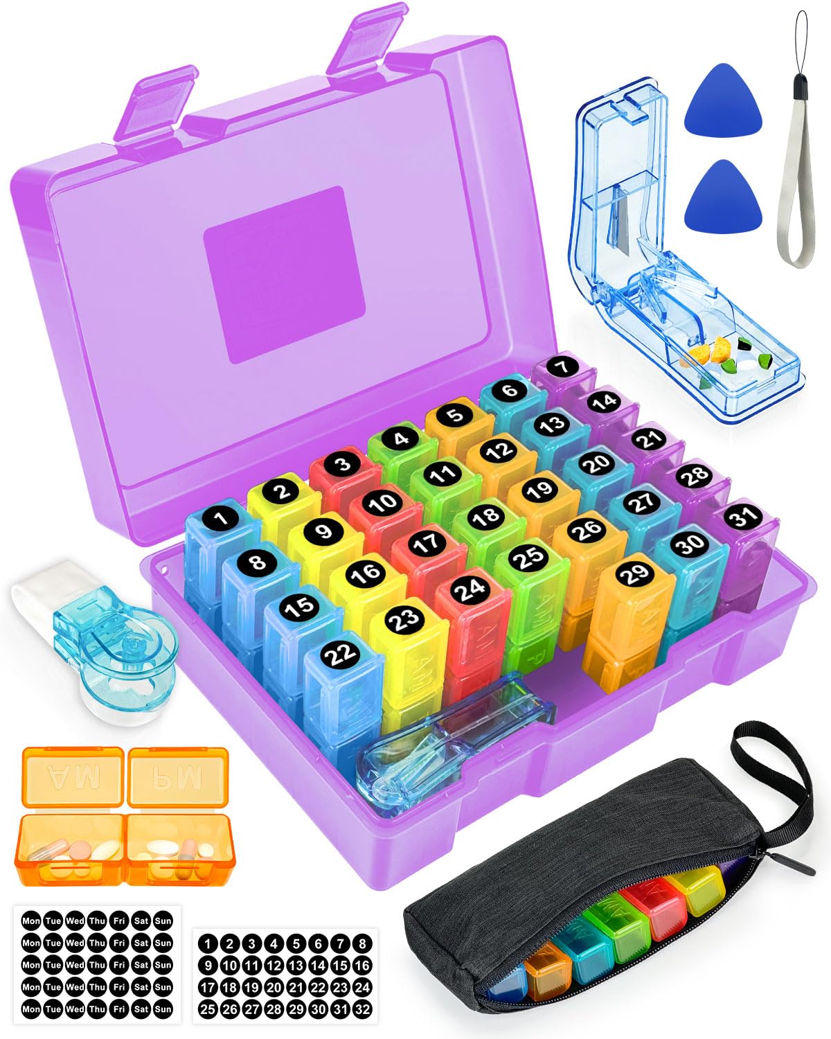 Monthly Pill Organizer 2 Times a Day, FRIWOLE Medicine Box with Portable Weekly Pill Bag, Pill Taker Remover, Pill Cutter and 2 Sticker (Purple, 2 Times a Day)