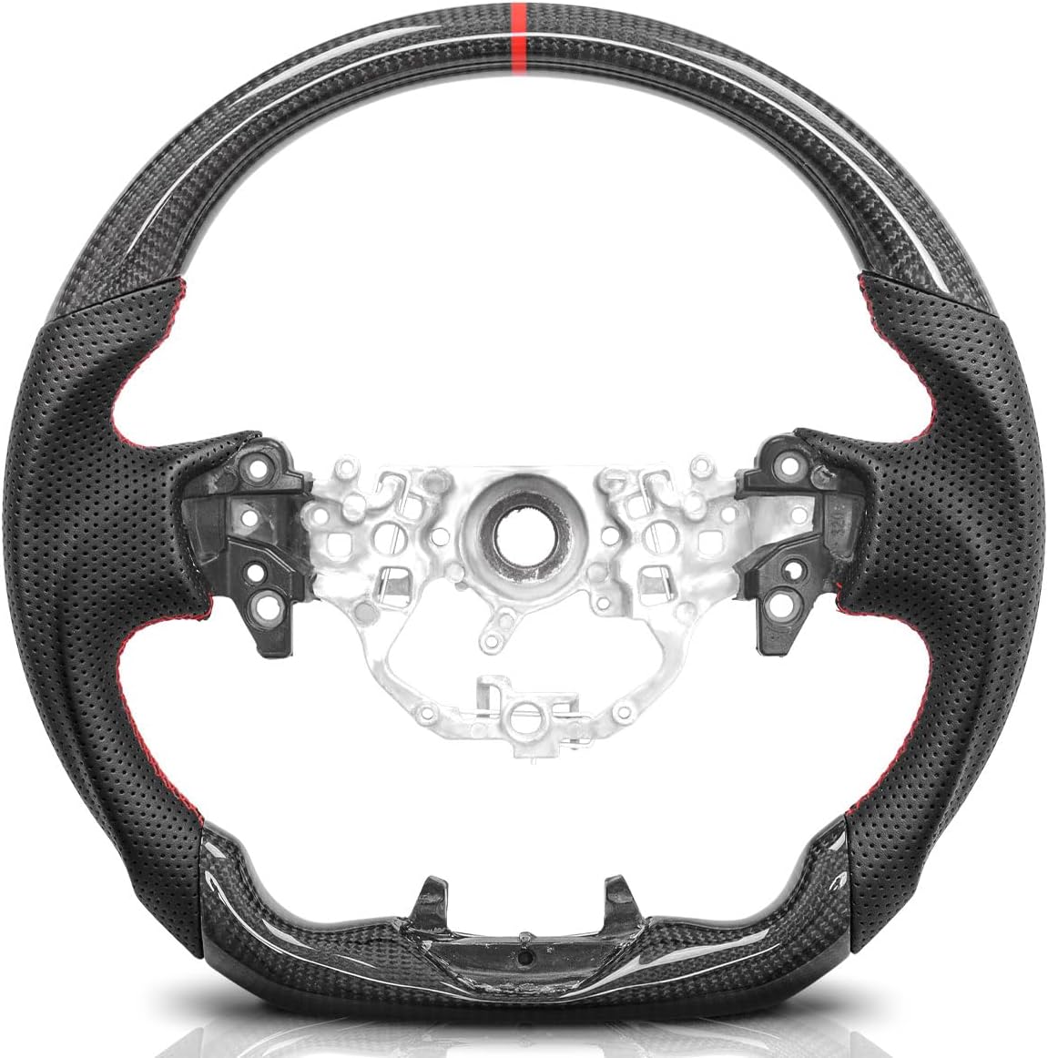 Real Carbon Fiber Steering Wheel for Toyota Camry XV80 2025-2026, Crown 2023-2026 Crossover Sedan Signia, Red Stripe Red Stitching Flat Bottom Sport Grip Replacement, No Heating