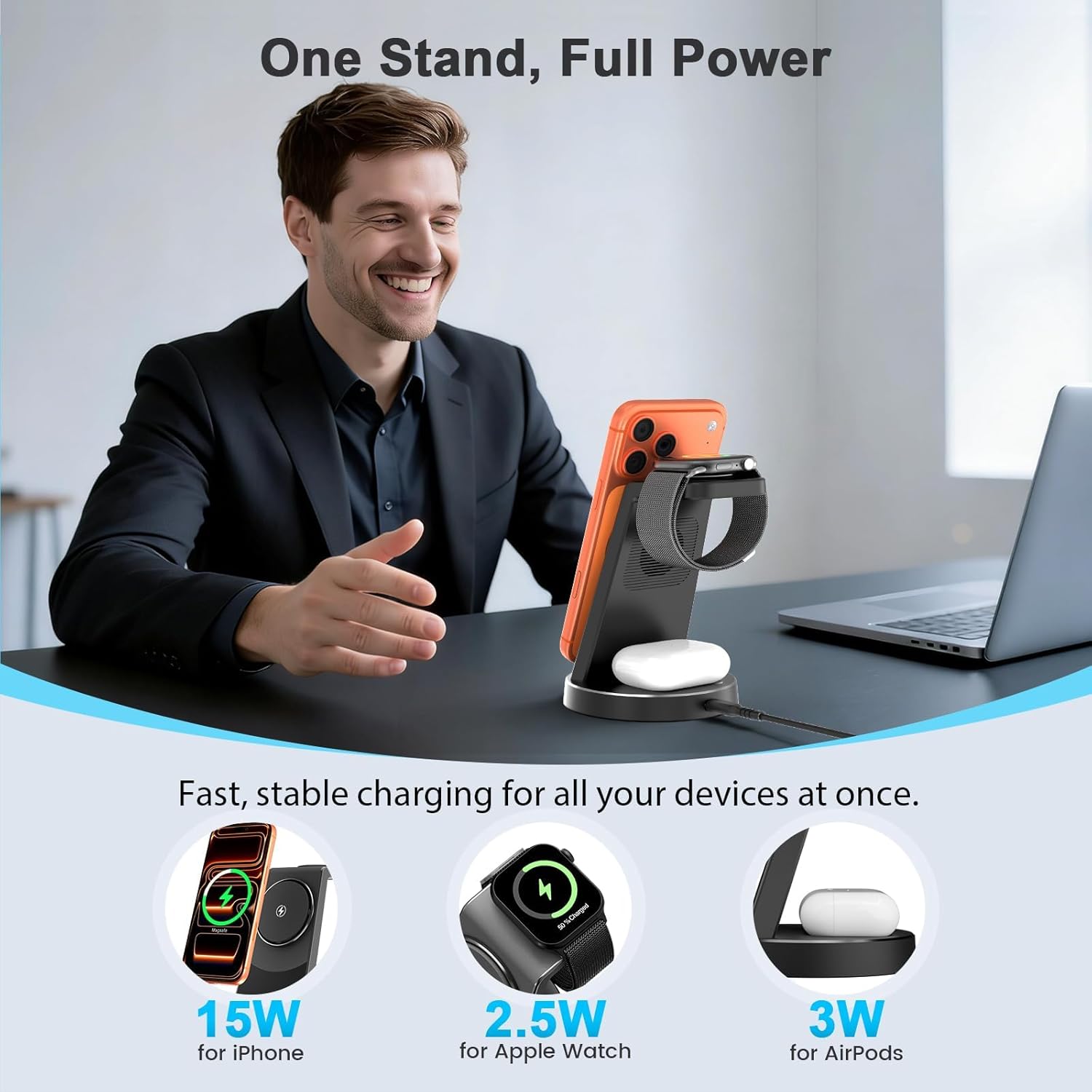 15W Magnetic Wireless Charger Stand for Apple: Qi2 Fast 3-in-1 Charging Station for iPhone 17 16 15 14 13 Pro Max, AirPods, Watch-Desktop Stand with Sleep-Friendly Light, Perfect for Business Travel