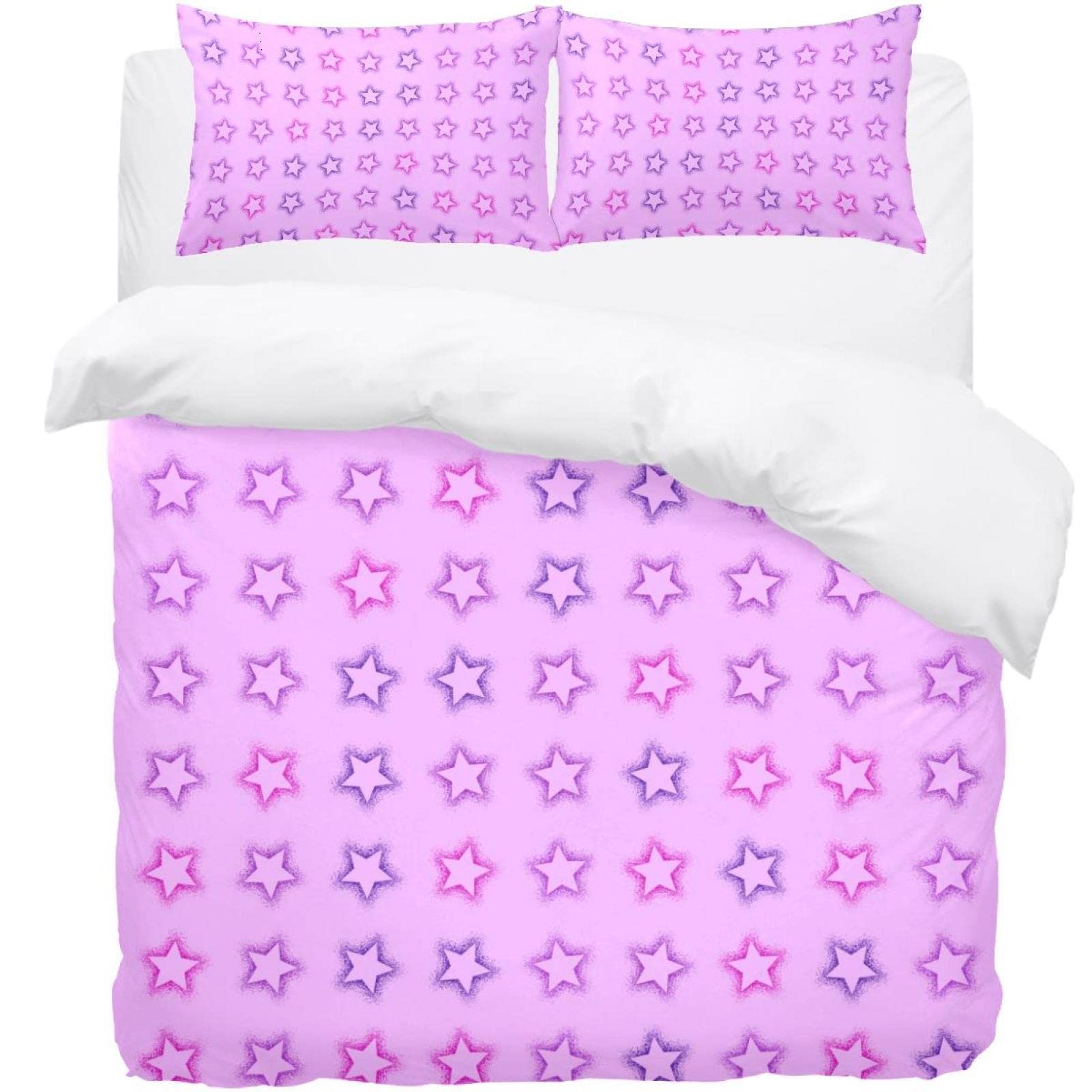 Parure de lit rose avec imprimé étoiles réversible comprenant housse et taies d'oreiller