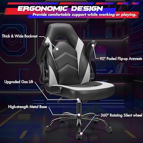 Vista 4 de Sweetcrispy - Silla de escritorio para juegos de computadora, ergonómica, cómodo soporte lumbar, piel sintética, reposabrazos abatibles, ajustable