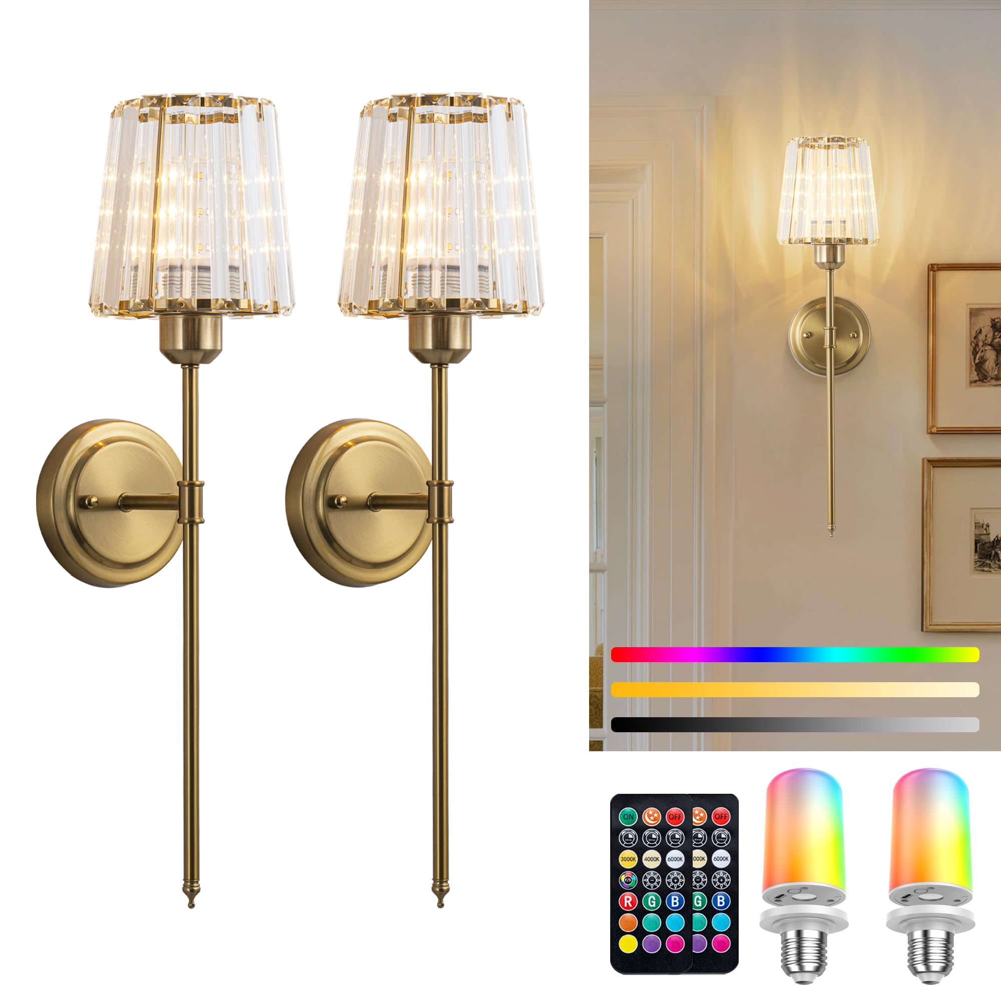 FTL Kristall Wandleuchte Akku 2 Stück, Gold Batteriebetrieben Wandlampe mit Fernbedienung, Wandleuchte Ohne Stromanschluss mit Stoffschirm, Aufladbar Wandbeleuchtung mit Batterie für Wohnzimmer Flur