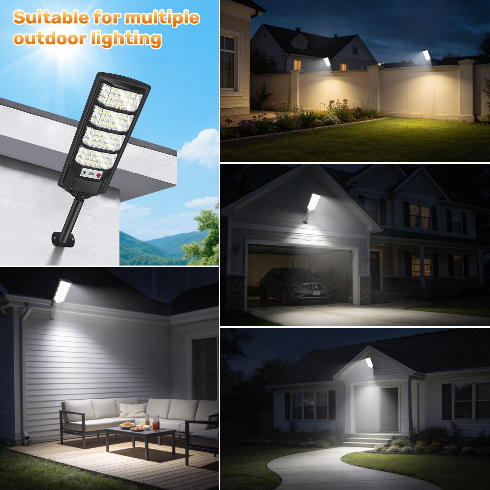 600W Lampione Solare Led Esterno, IP66 Impermeabile Lampione Stradale Faretto Solare con Sensore di Movimento, 6500K Lampioni da Giardino Esterno Luci Solari per Garage Strada, 2 Pezzi