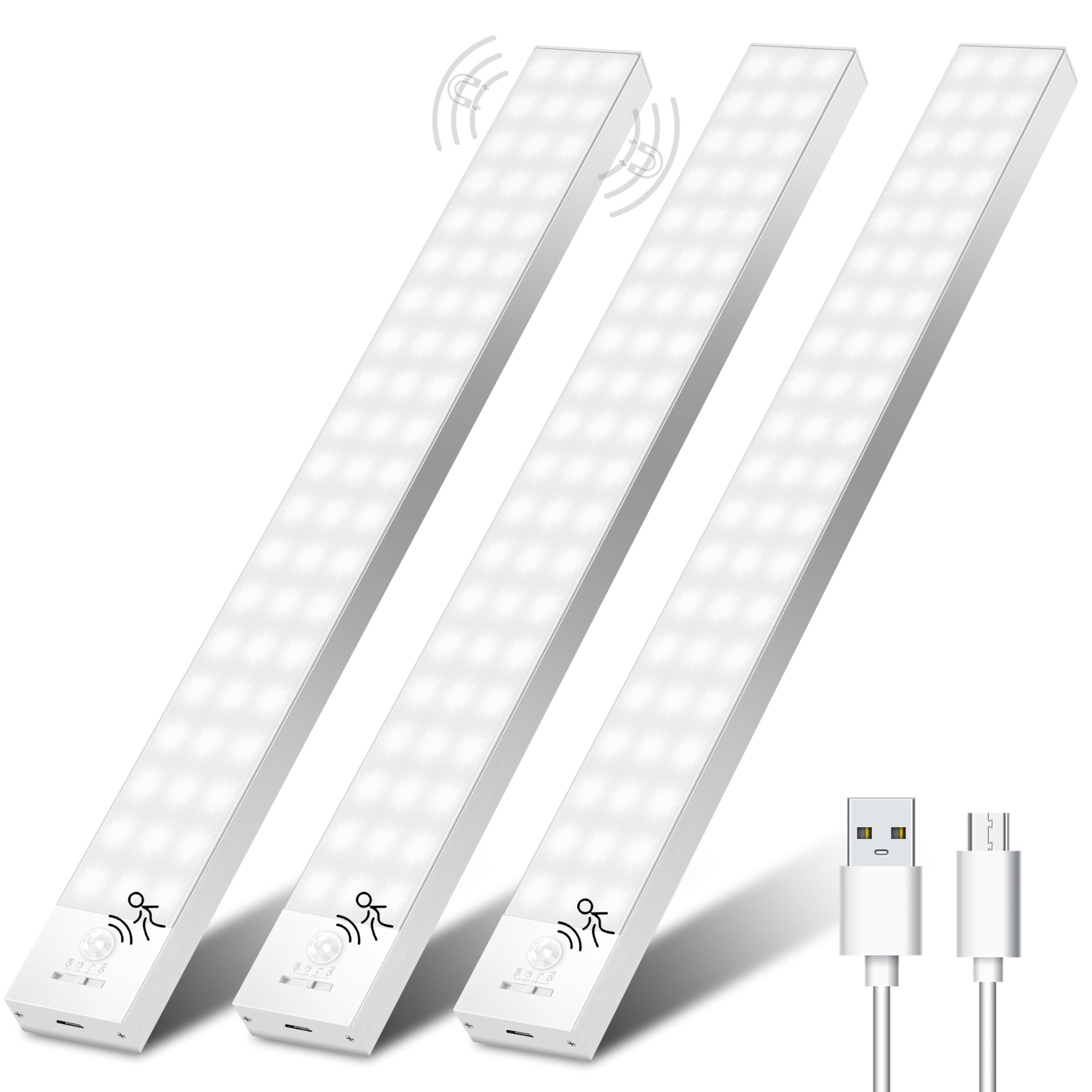 Ylatoial 5000K Motion Sensor Lights Indoor, 32Cm 3 Pack Rechargeable Under Cabinet Lights 1500Mah 60Leds Under Cabinet Light Counter Light Kitchen For Drawer Closet Kitchen Stairs