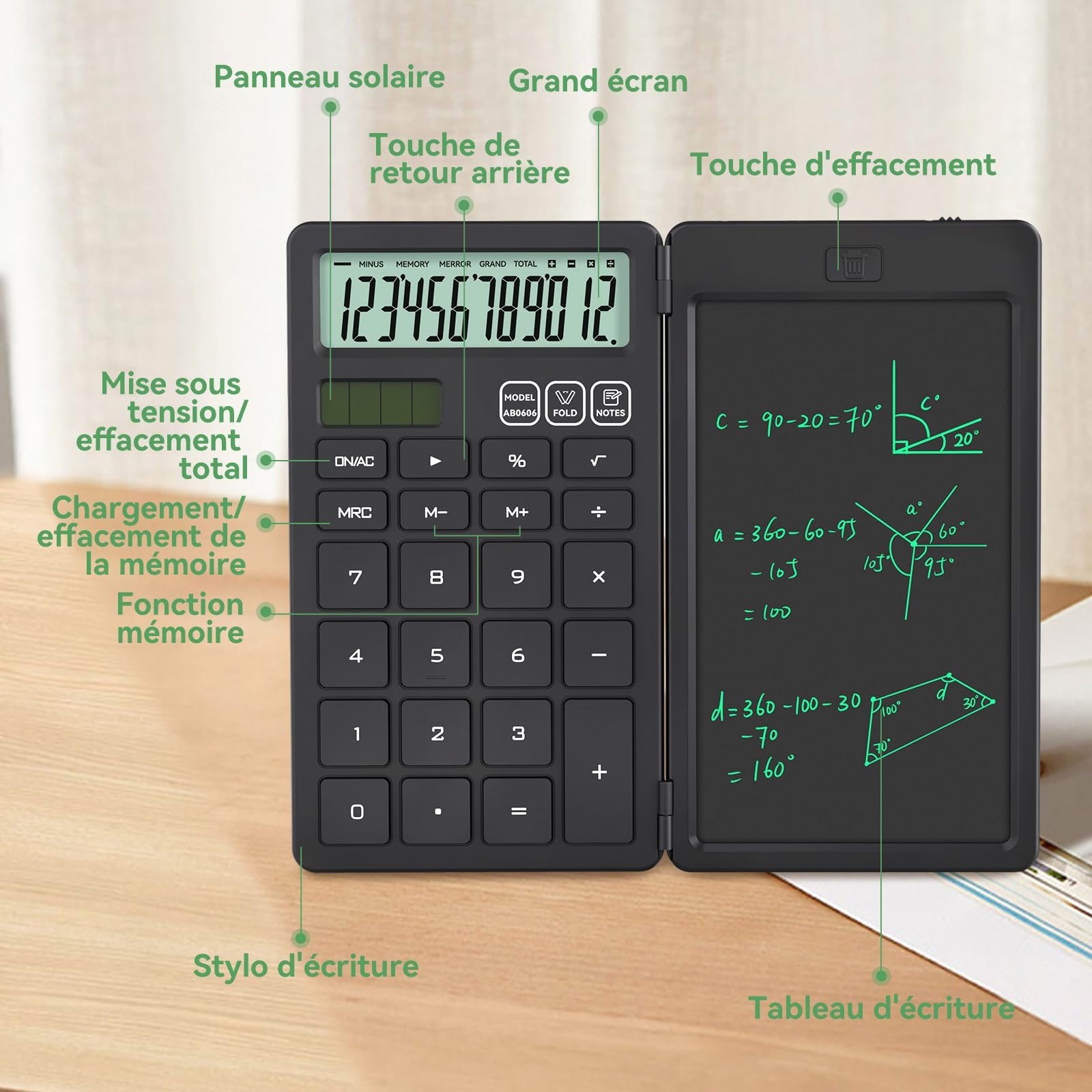 NEWYES Calculatrice avec Tablette d'Écriture, Portable pour Élèves Primaire et Collège, Noir