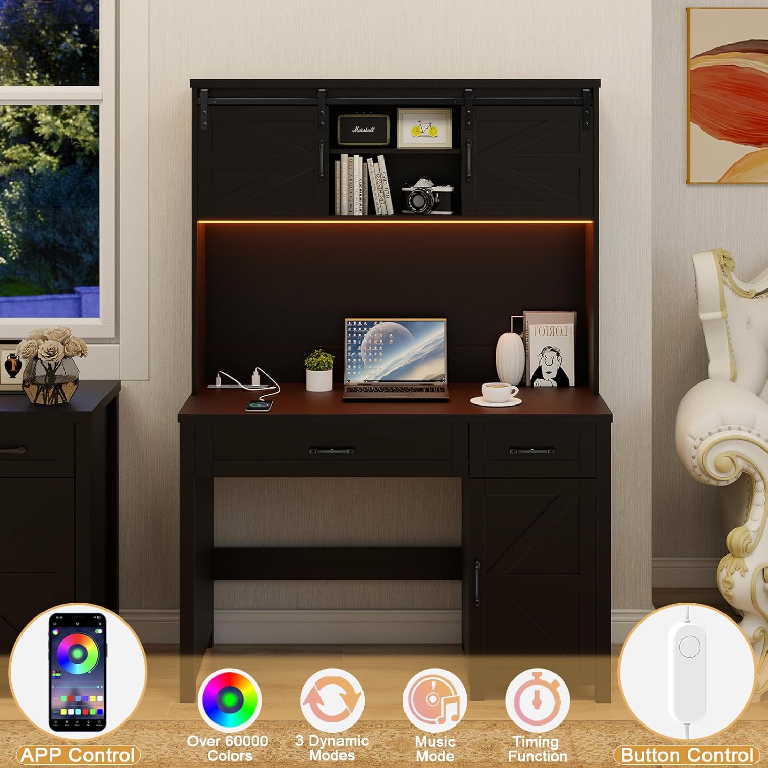 Vabches Farmhouse 47" Executive Desk, Computer Desk with 2 Drawers and Storage Cabinet, Home Office Desk with Hutch, Charging Hub, Workspace for Work and Study,Pure Black