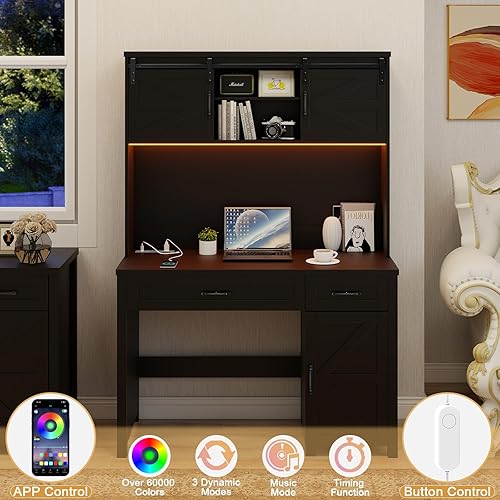 Miniatura 3 de Vabches Farmhouse - Escritorio ejecutivo de 47 pulgadas, escritorio para computadora con 2 cajones, gabinete de almacenamiento y luz LED, hub de