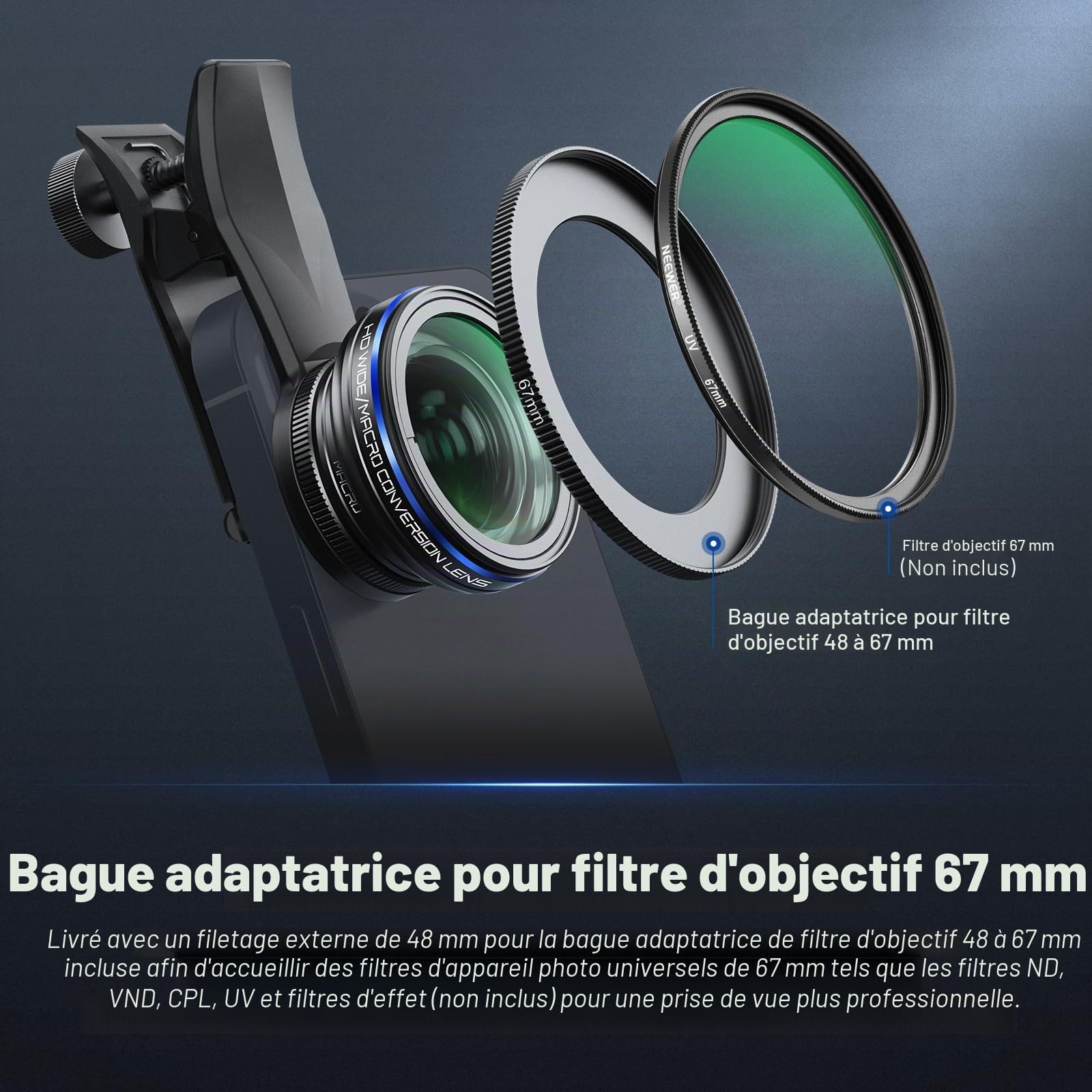 NEEWER Kit d'Objectifs pour Smartphone 2 en 1, Objectif Grand Angle 0,75x et Macro 2x Compatible avec iPhone,Samsung,Android Phone, Objectif HD Détachable avec Bague d'Adaptation de 17mm à 37mm,LS-60