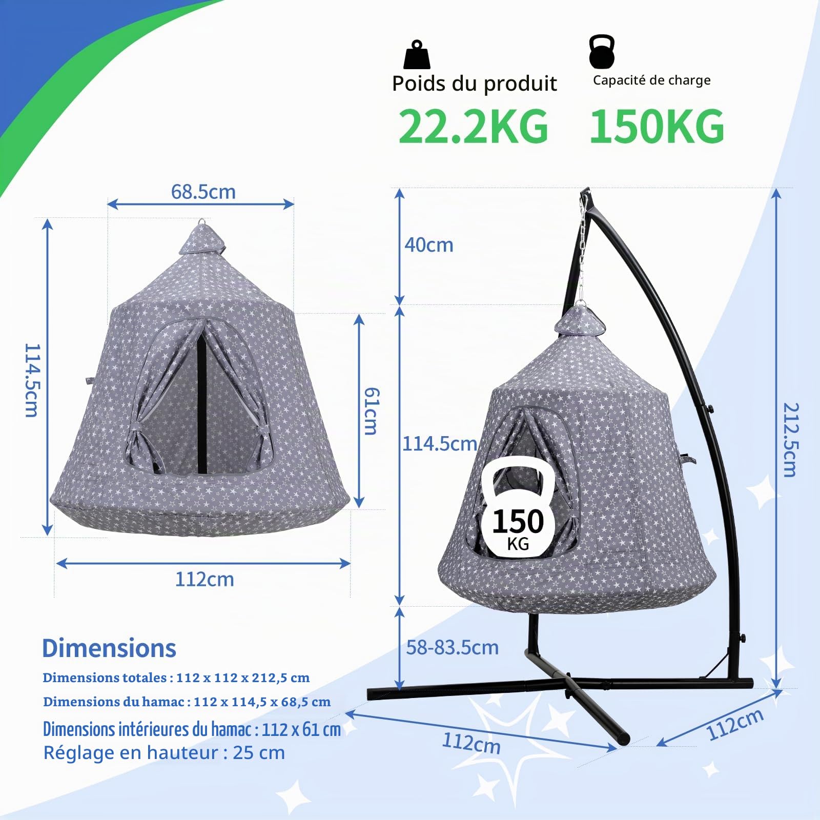 MAMIZO Fauteuil Suspendu extérieur et intérieur,Balançoire Nid d'Oiseau avec Tente,Hamac sur Pied,Fauteuil Relax de Jardin avec lumières LED,capacité de Charge 150 kg,Grau