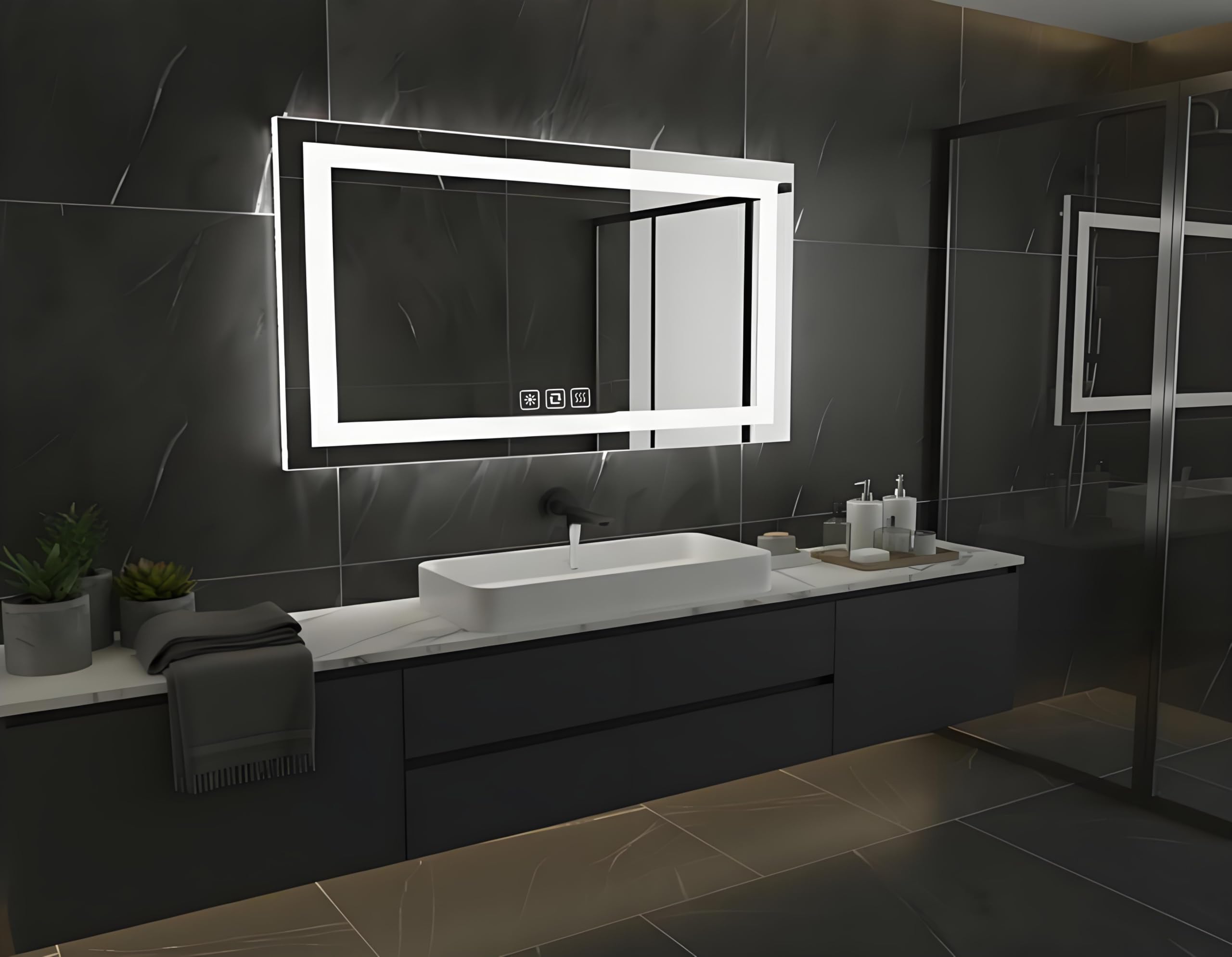 Specchio da bagno con illuminazione, rettangolare, 60 x 100 cm, specchio da parete a LED, 3 colori di luce, dimmerabile, con touch, anti-appannamento, CRI90+, vetro temperato