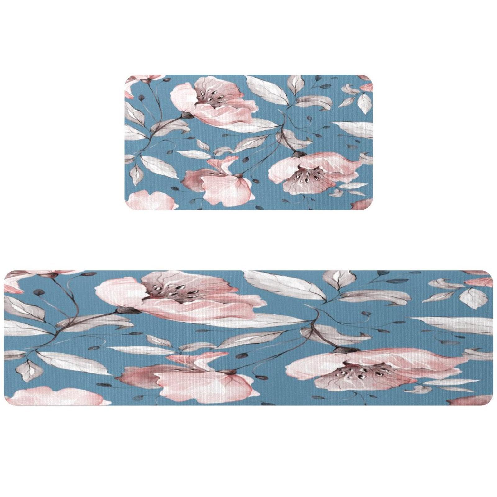 Alfombrillas de cocina de flores azules lavables juego de dos alfombras VAPOKF
