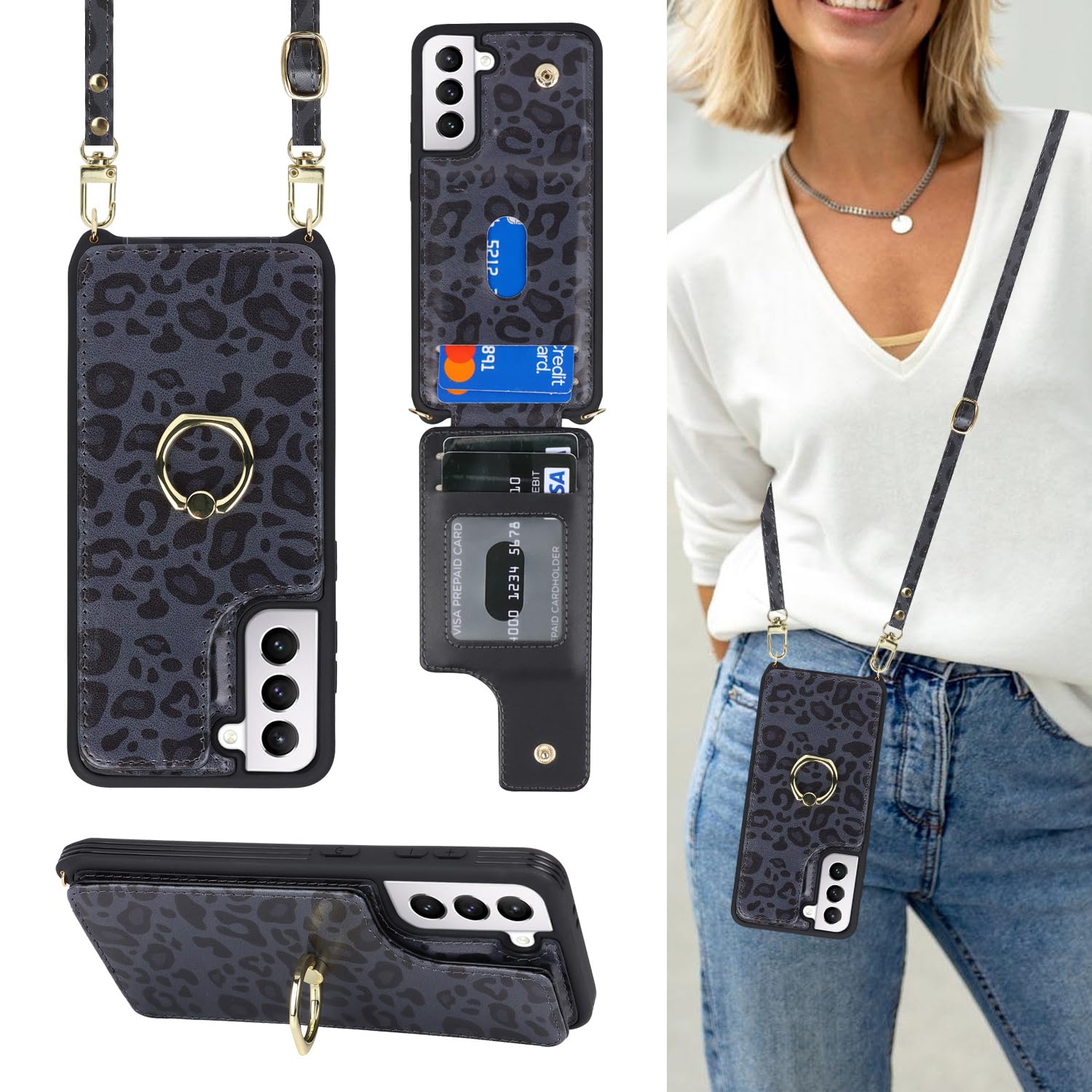 Lipvina for Samsung Galaxy S21 Case with Card Holder and Strap for Women,Crossbody Lanyard,RFID Blocking,Ring Stand,Snap Clasp,Cute Phone Wallet Cases