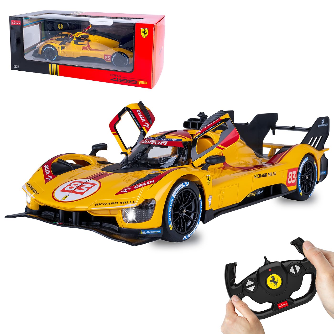 JAMARA 402262 Ferrari 499P-N83 1:14 żółty, 2,4 GHz, licencjonowany, zdalnie sterowany samochód RC z ręcznymi drzwiami, model samochodu, zabawkowy dla dzieci