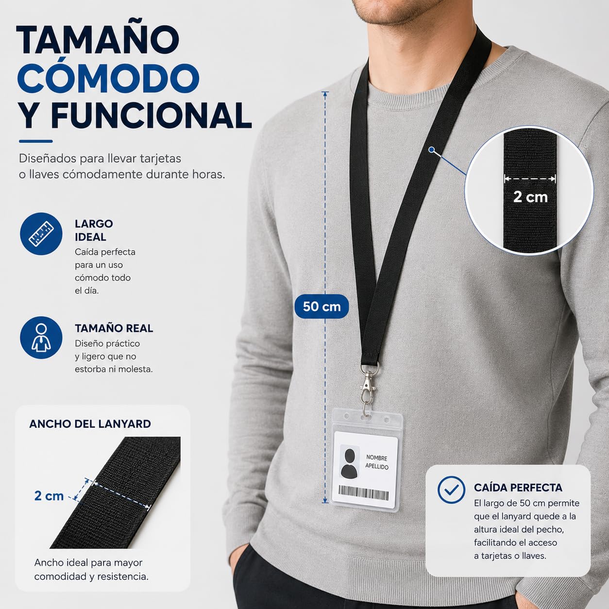 Pack 50 Lanyard Negro con Gancho Metálico Giratorio de 50cm para Porta Tarjetas Identificativas | Landyard colgante ideal para Llaves, Credenciales, portatarjetas en Eventos o en la Oficina (Pack 50)