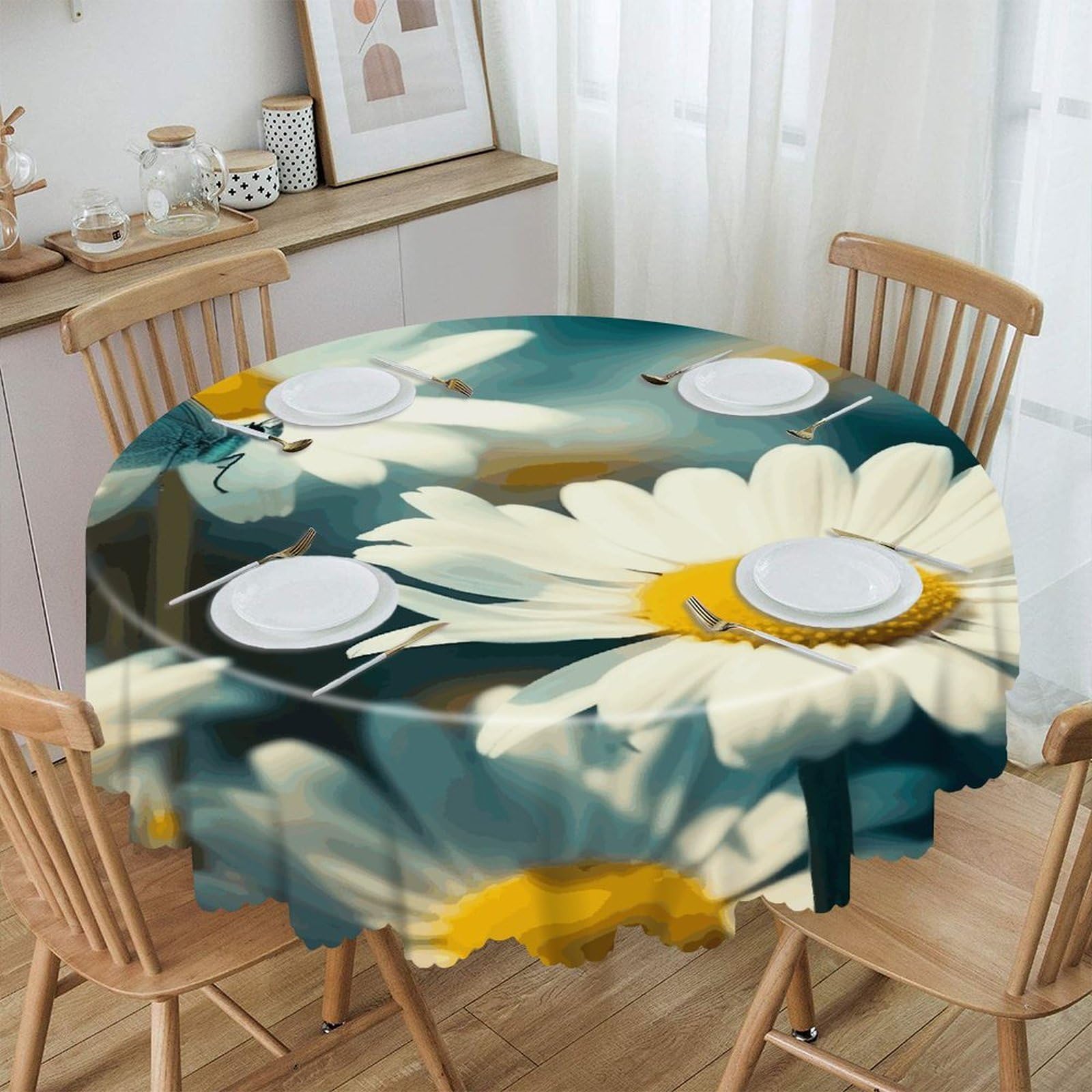 FekiLoot 60 Inch Round Daisies and Butterflies Tablecloth Waterproof Heavy Duty Polyester Table Cloth Spill-Proof Wipeable Table Cover Decorative Circle Dining Tablecover for Party Outdoor