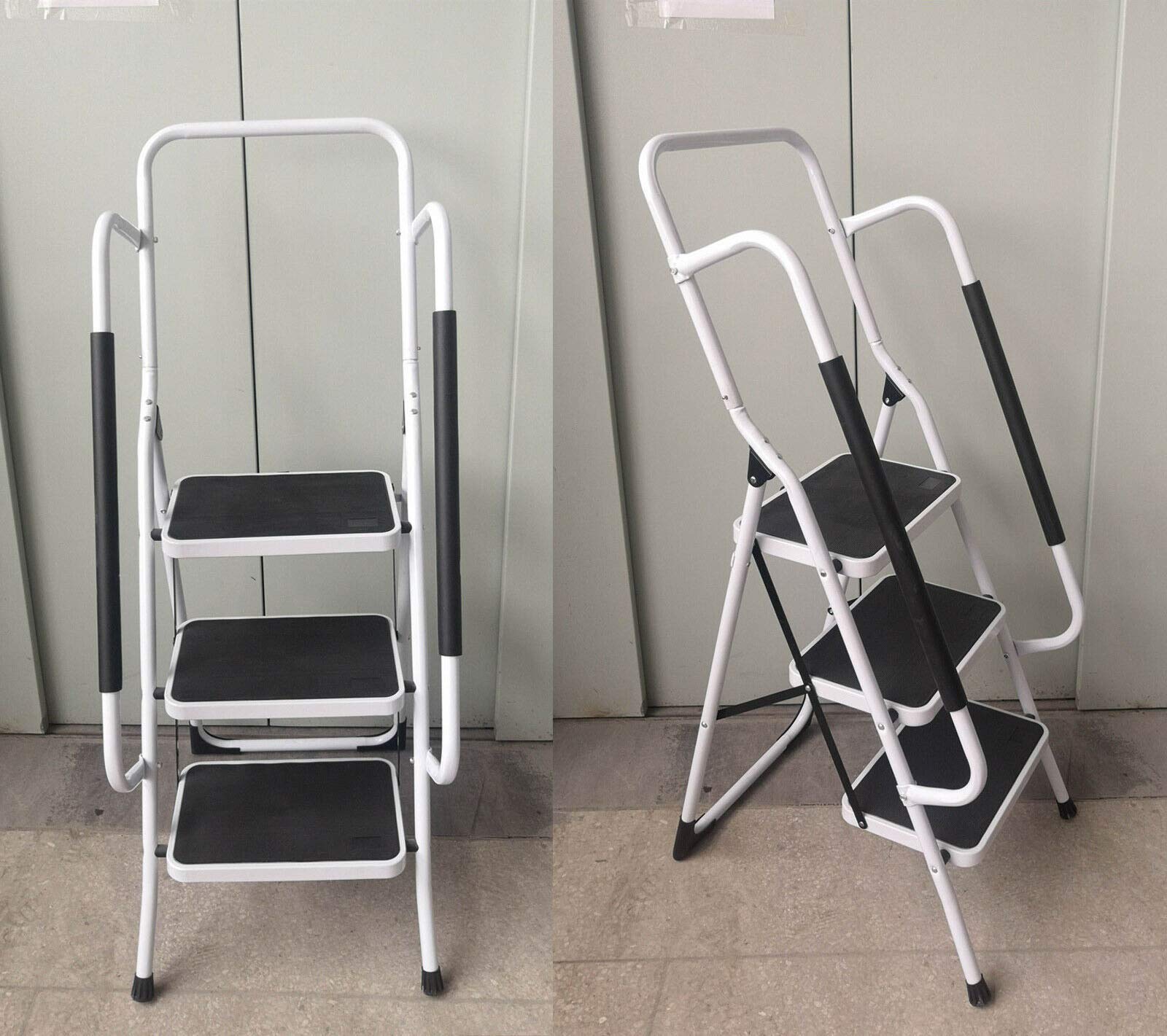 Escalera de acero ligera con 3 peldaños para 130,5 cm más alto, peldaños antideslizantes, escalera plegable con pasamanos de seguridad, 47 (ancho) x 66 (profundidad) x 130,5 (alto) cm, certificado TÜV