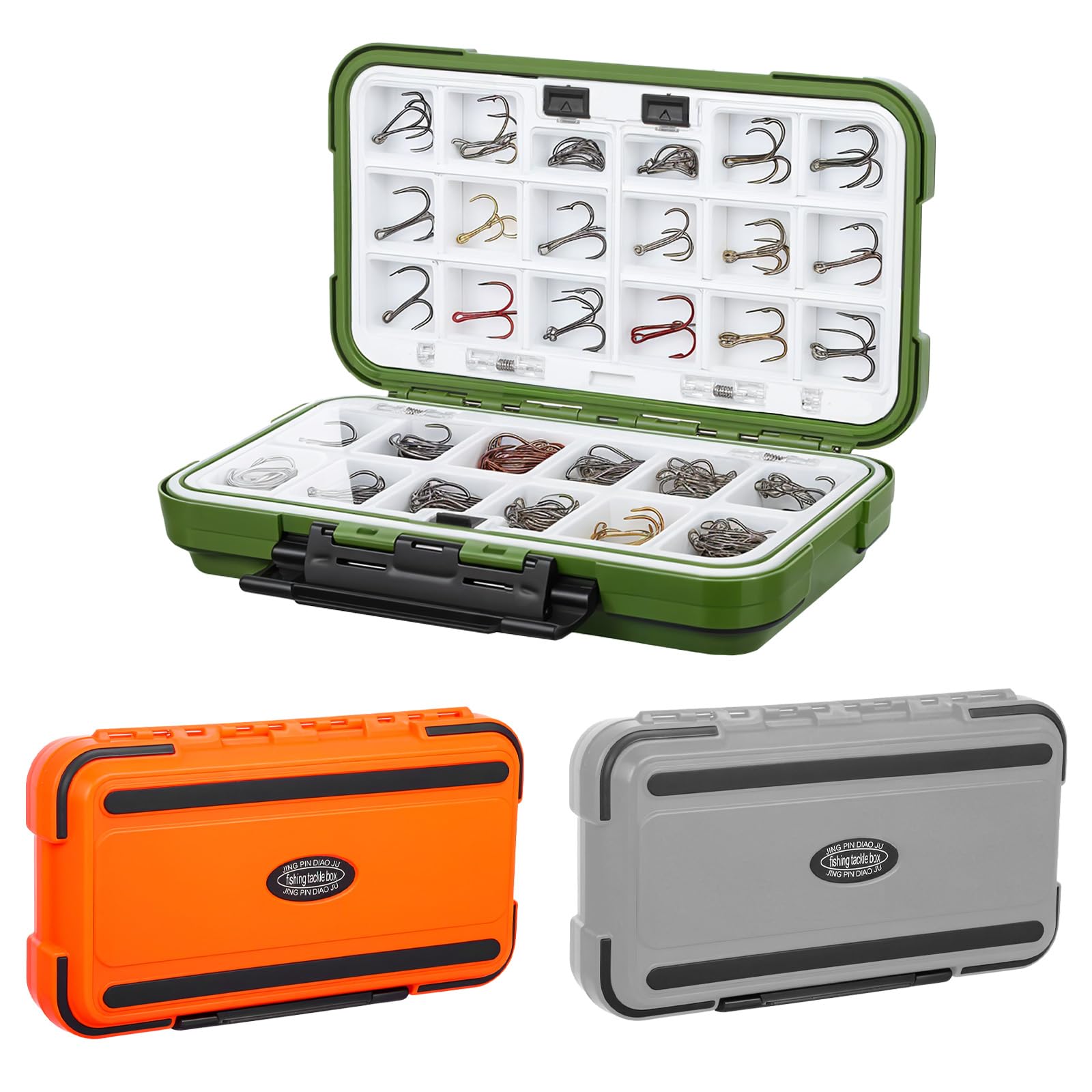 Photo 1 of ***RECOMENDED FOR PARTS ONLY/ 1 CASE DAMAGED/ POSSIBLY HAS DAMAGED ASSEMBLY PIECES*** 3 Pcs Small Waterproof Tackle Box Organizer, Plastic Double-Sided Storage with Adjustable Dividers for Fishing Lures, Hooks, Bait (Green, Orange, Gray)