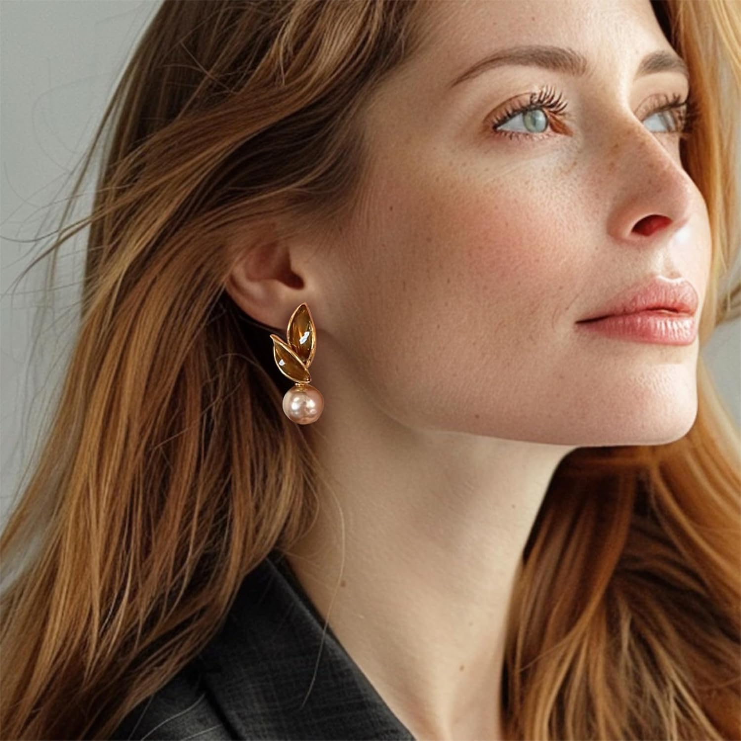 Four Colors Vintage Pearl Earrings, 18K Gold Plated Pearl Drop Earrings Dangle, Delicate Leaf Studs with Simulated Shell Pearls - Image 2