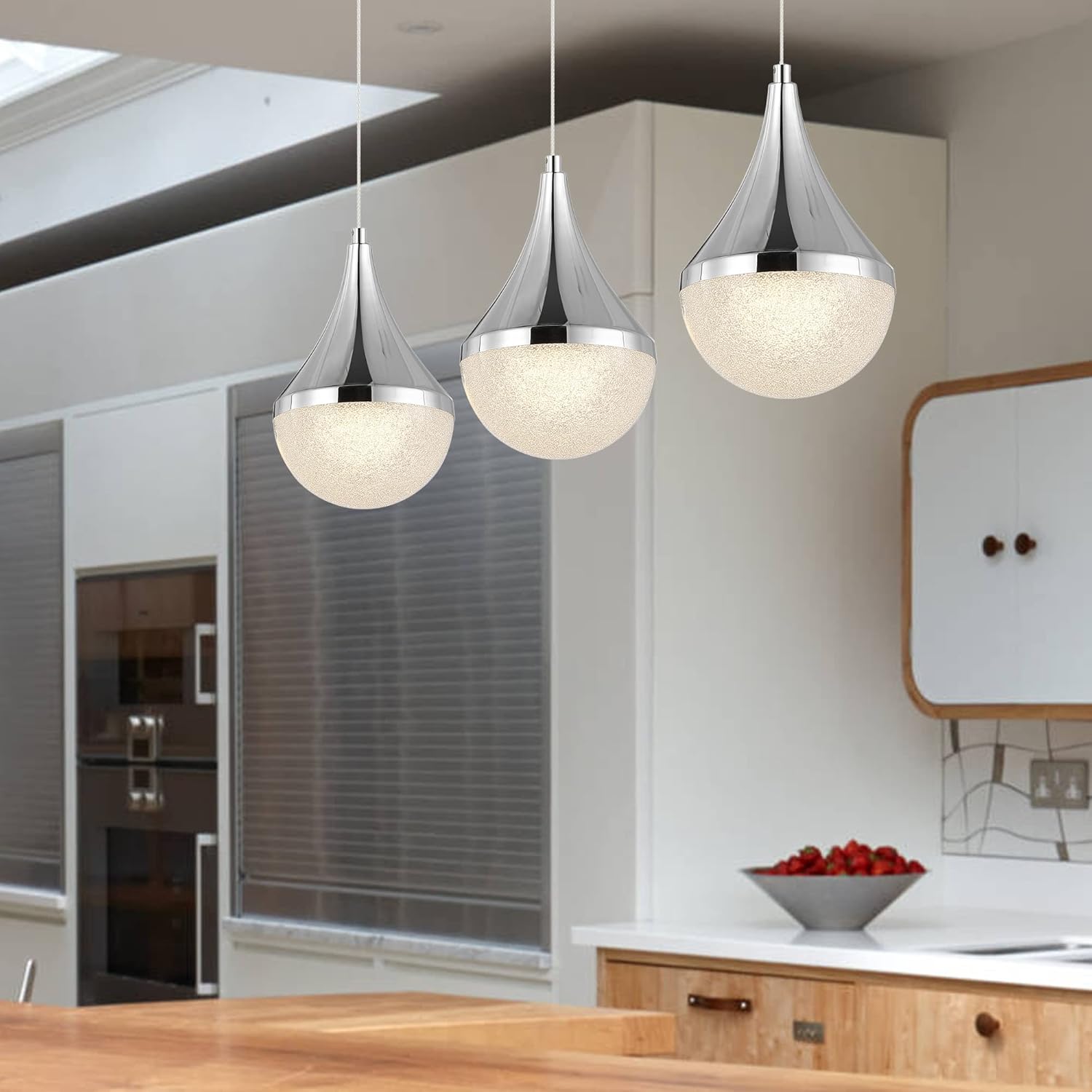 JONATHAN Y 33" Chrome Modern 3-Light LED Linear Pendant for Kitchen Island, White Acrylic Shades, Dimmable Mid-Century Glam Hanging Light Fixture, Integrated LED JYL7121A