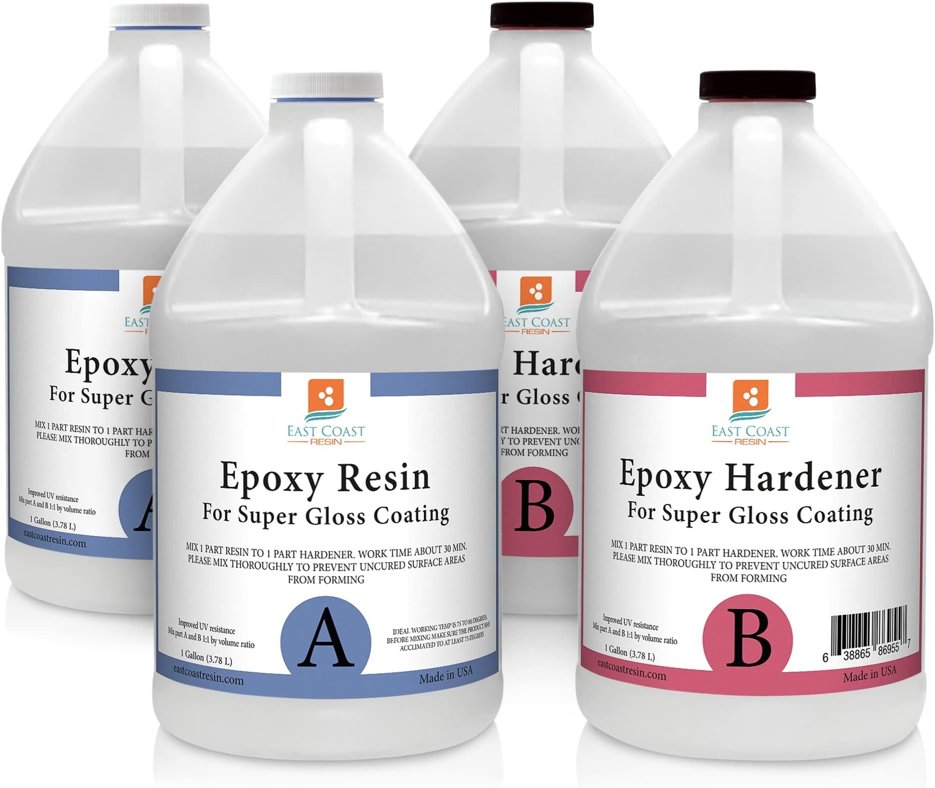 Epoxy Resin 4 Gallon Kit | 1:1 Crystal Clear Resin and Hardener for Super Gloss Coating | for Bars, Tabletop, Art, Jewelry, Casting Molds | Safe for Use on Wood, Metal, Stone, Plastic, Marine Sealer