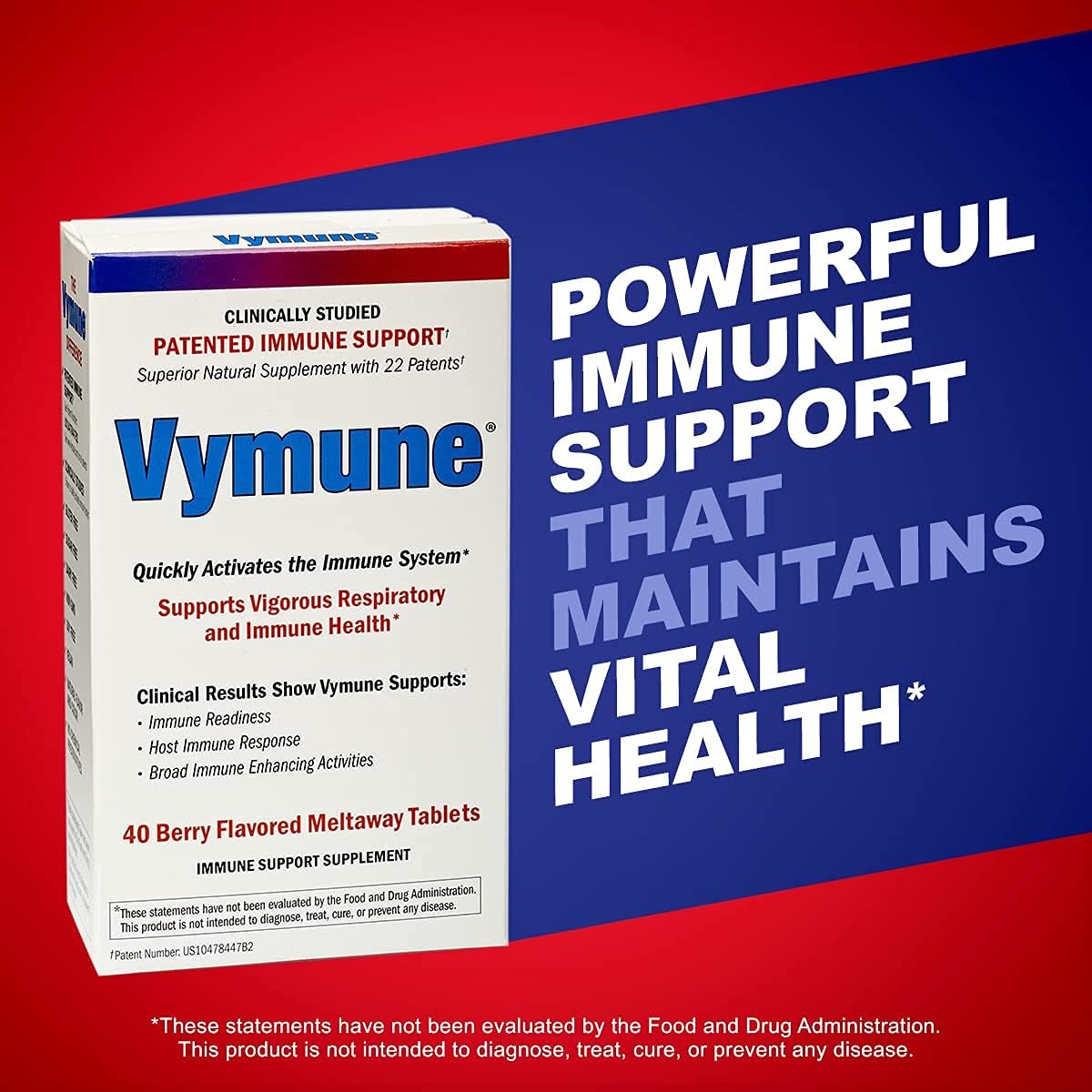 Vymune Amino-Acid Advanced Immune Support Supplement with Powerful Amino Acids Taurine, Lysine and Threonine Meltaway Tablets, Berry Flavored – for Adults (800mg Vitamin C, 40ct.)