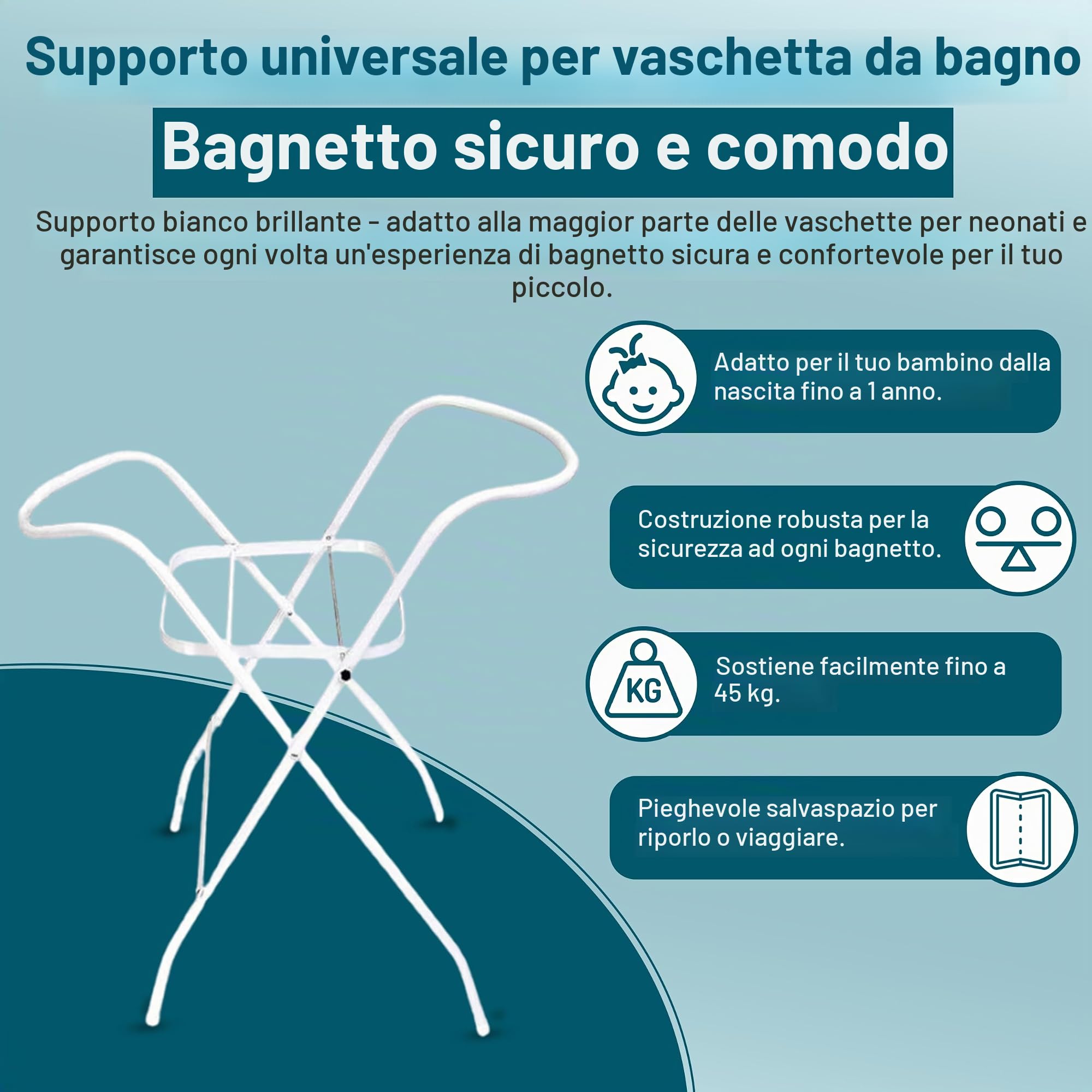 Supporto universale per vaschetta per bambini, 84 e 100 cm, con o senza ripiano, bianco