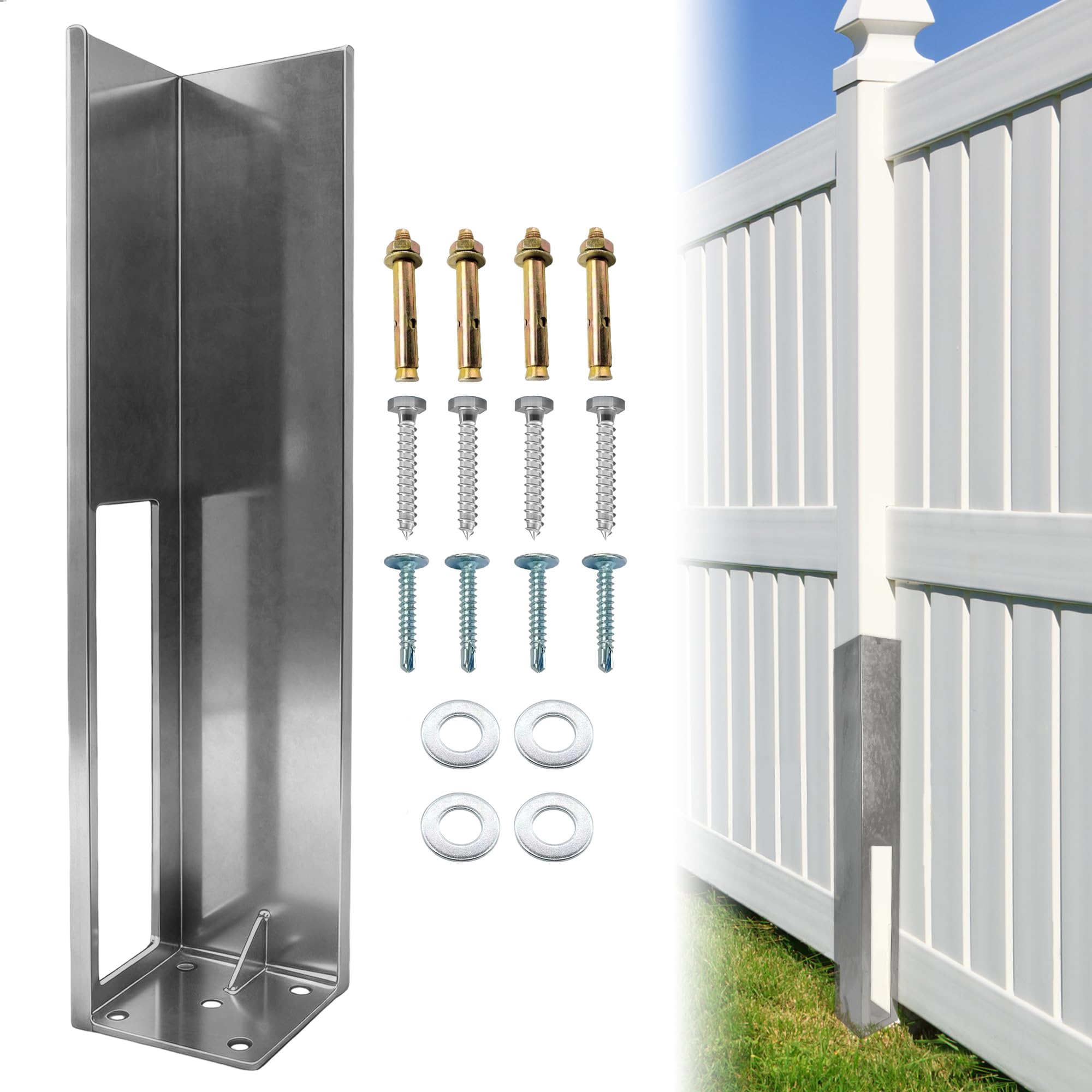 5"x5"x24" vinyl fence post brackets, vinyl fence concrete/wood post mount tower, full weld monolithic design galvanized steel fence post insert kit anchor (1 pack)