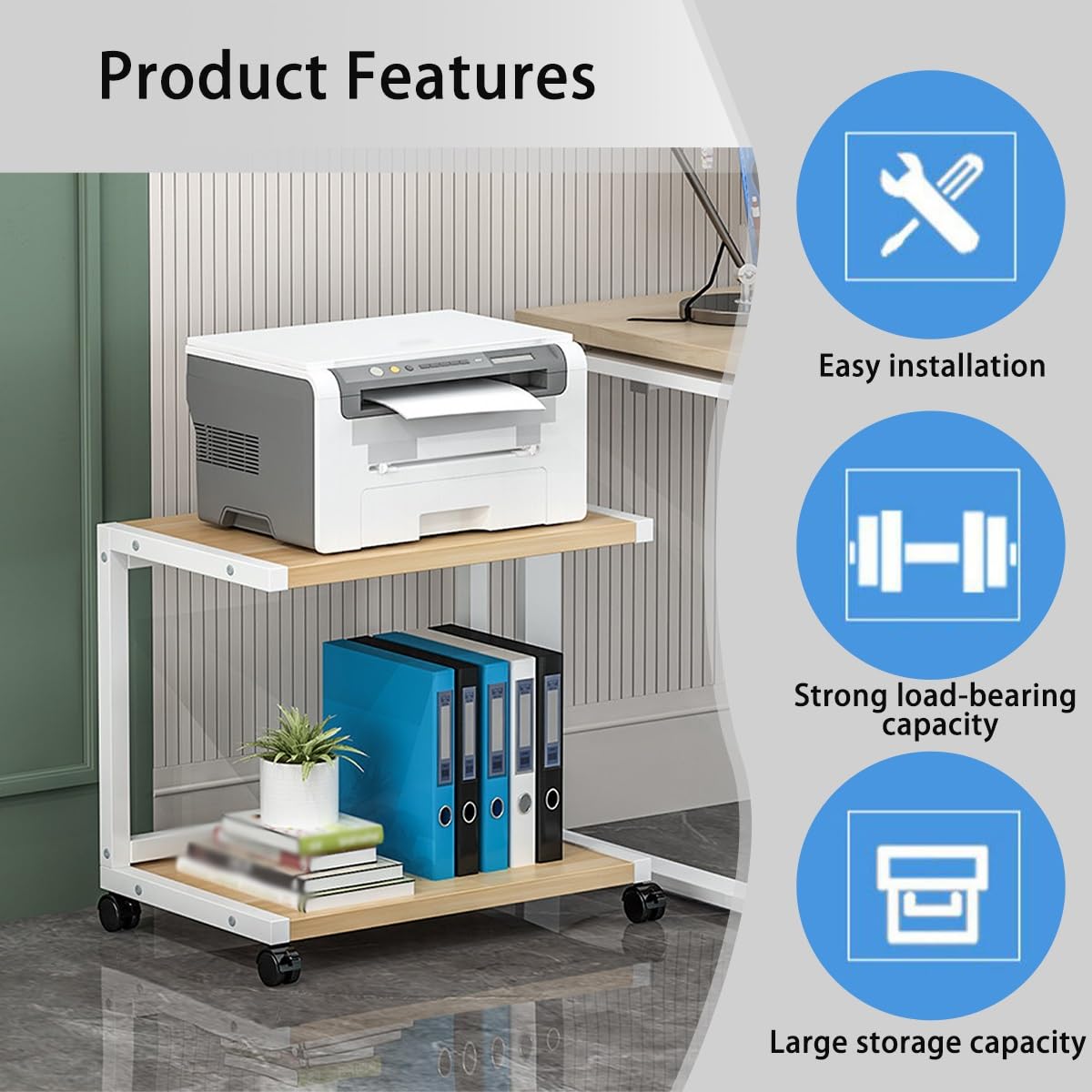 Supporto per stampante a 3 livelli con ruote girevoli, carrello portaoggetti mobile per forniture per casa e ufficio, ripiano multistrato, per cartelle e bidoni (legno, 65 x 49,8 cm)