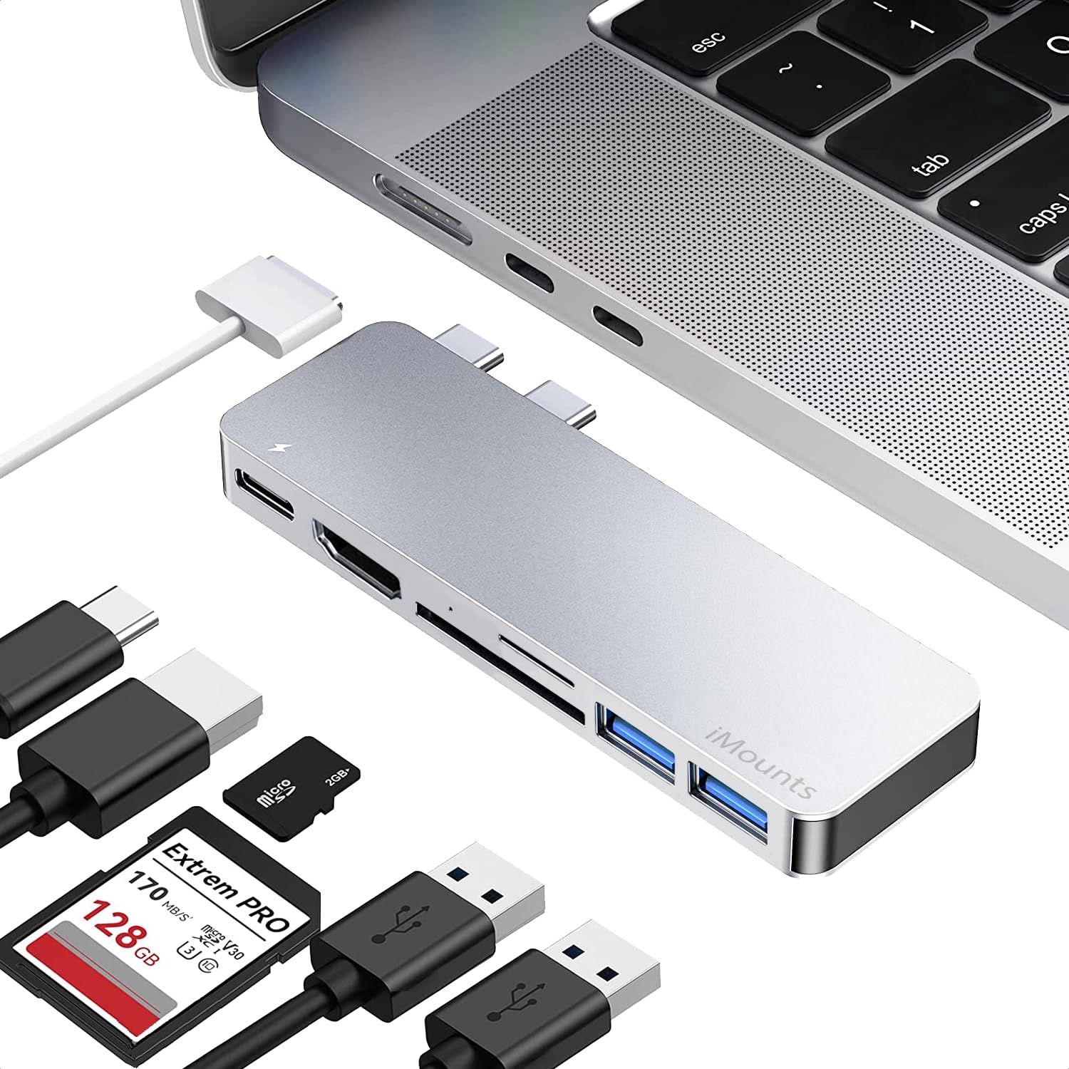 MacBook USB-c hub - M2/M3, HDMI (Midnight Blue) iMounts USB-c hub Suitable for MacBook Air/Pro - HDMI - Thunderbolt 3 - SD Reader - USB-C (Argent)