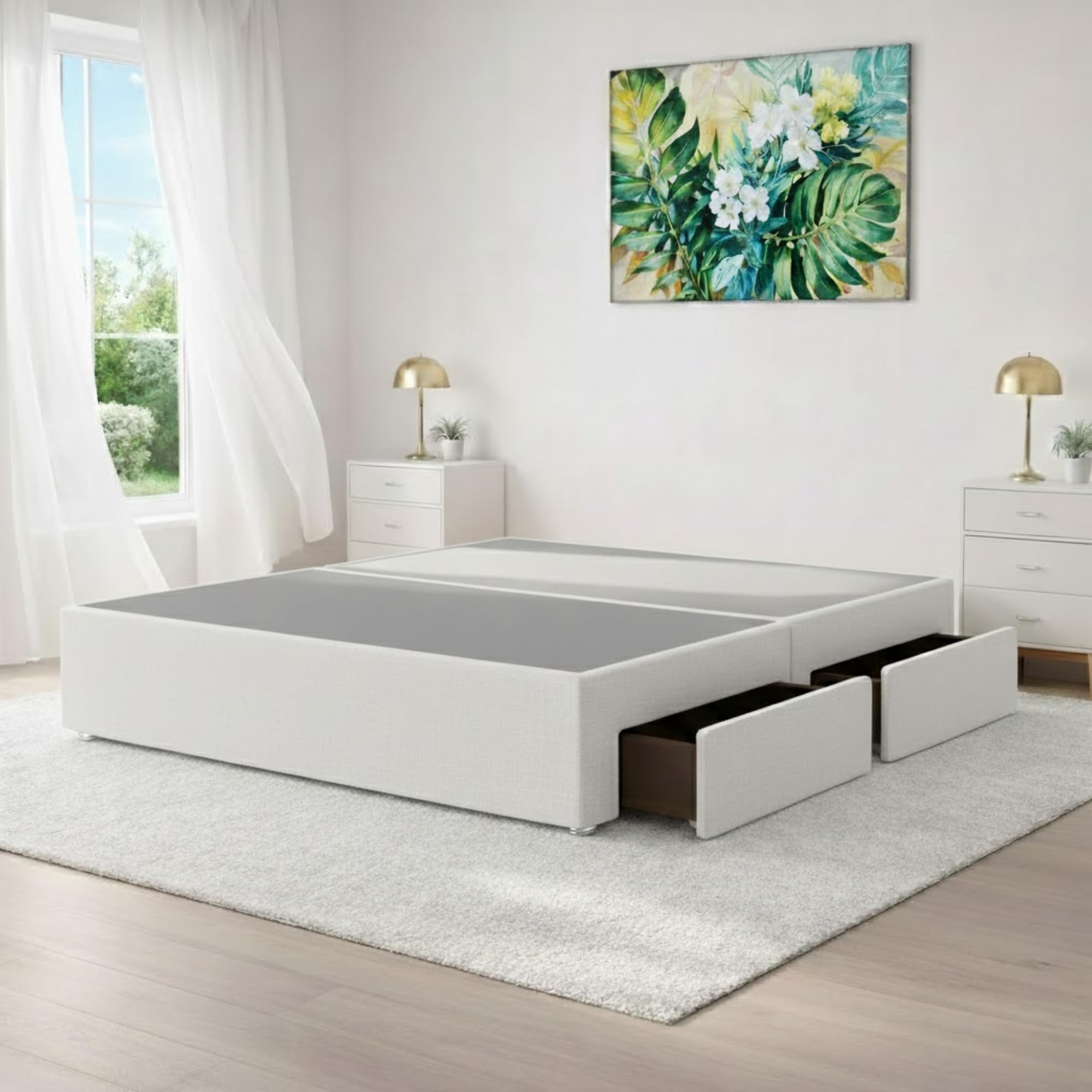 4FT6 Luxury White Plush Divan Double Bed Base with 2 Spacious Storage Drawers | Solid & Affordable Bedroom Bed Base for You