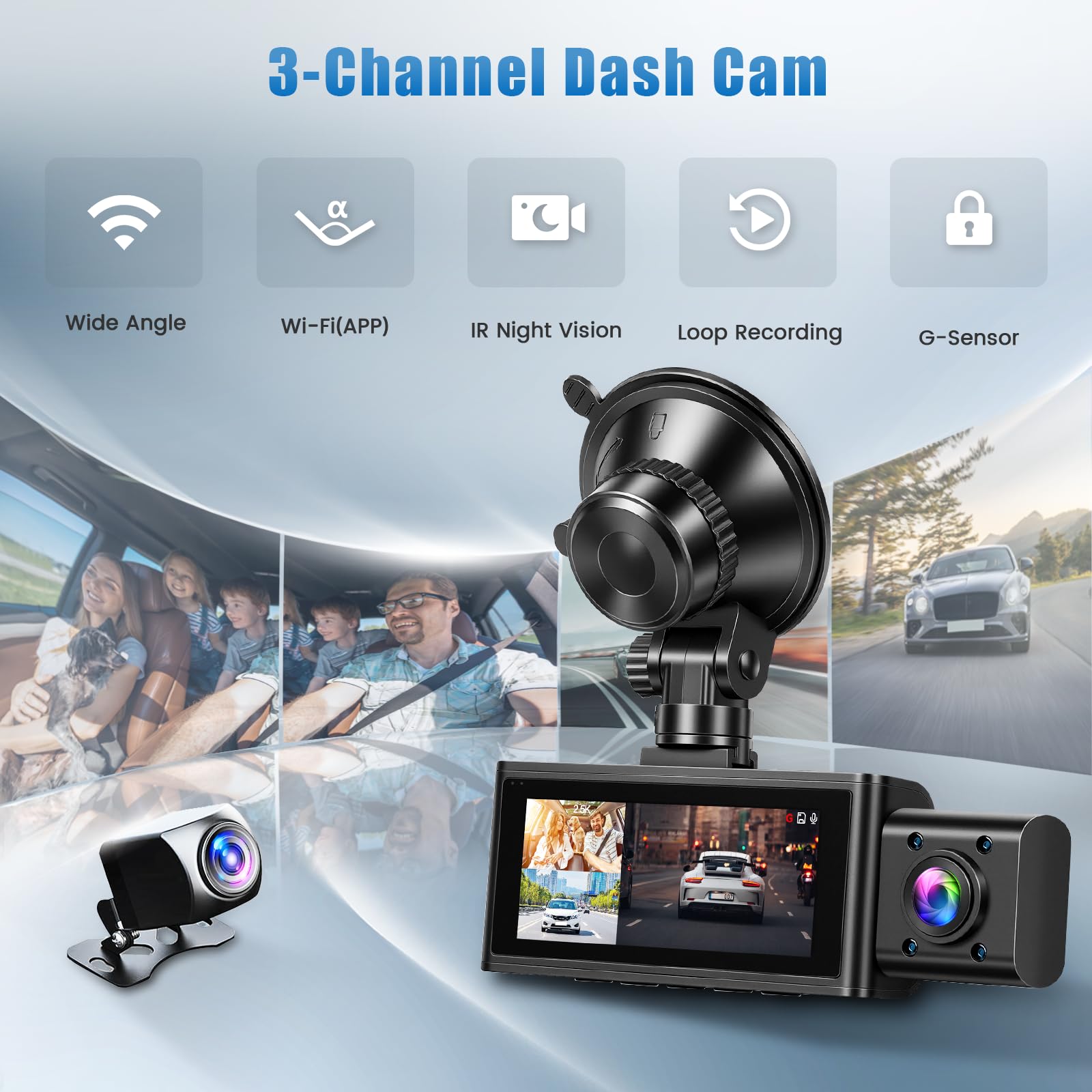 Roinvou Dashcam 3 Canales 2.5K+2.5K+1080P con Cámaras Delantera, Interior y Trasera, Pantalla 3.16", GPS, Sensor de Impacto G-Sensor, Grabación en Bucle, Control por App (Viidure), 64GB TF