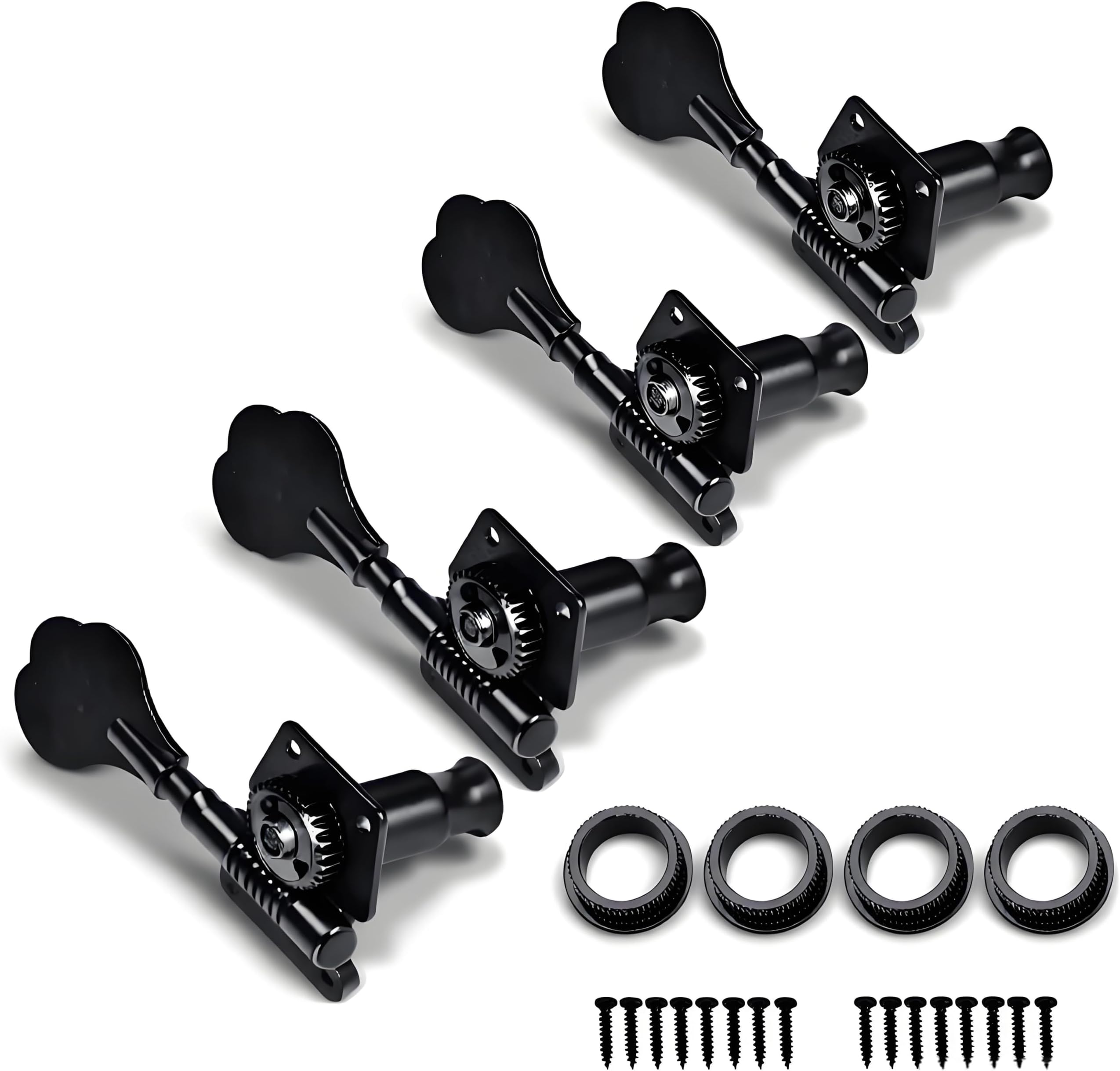4R Bass Tuning Pegs, Black Open Gear Tuners Zinc Alloy Plum Shape Machine Heads Bass Instrument Replacement Parts