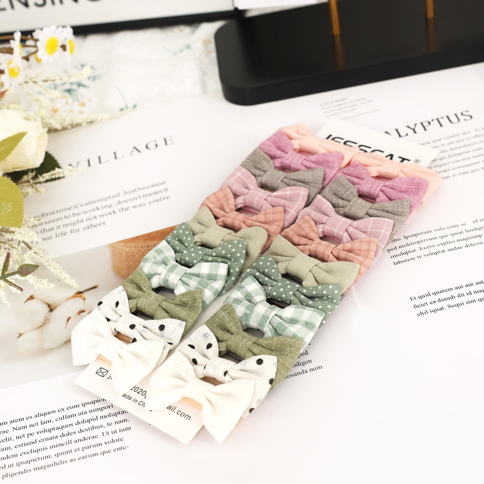 JESSCAT Confezione da 22 fermagli per capelli per bambine, con fiocchi fatti a mano, completamente foderati, antiscivolo, in cotone e lino, accessori per capelli fini, ideali per neonati, neonati e