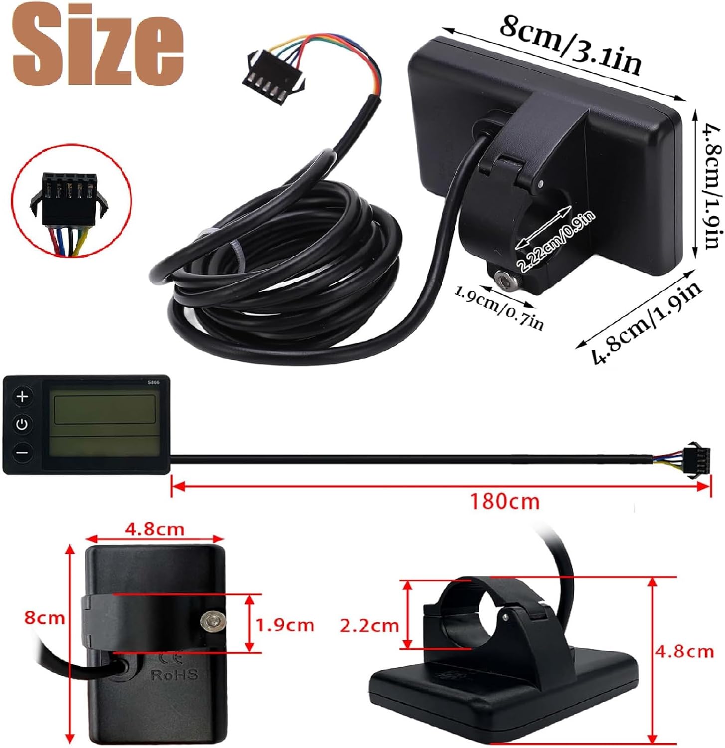 Electric LCD Display, S866 LCD Display Meter,ElectricBike Control Panel for 24V 36V 48V E-Bikes with SM Plug IP65 Large Screen Backlit Meter for 22.2mm/0.9in Handlebars