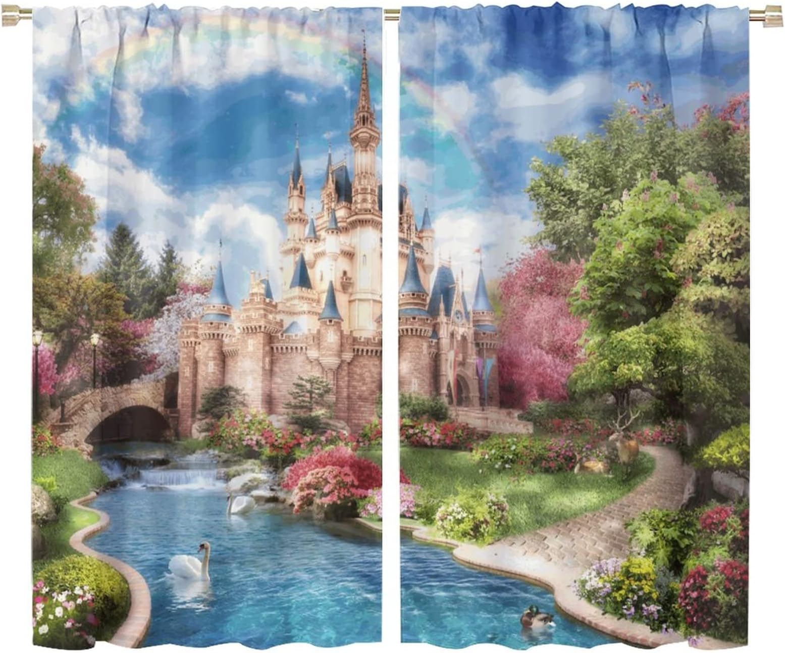Dreamy Castle Fairy Tale Princess Prince Boys Kids Children Baby Curtain BlueWhite Clouds Home Bedroom Decor Polyester Fabric 2 Panel 72W ×63L Inch