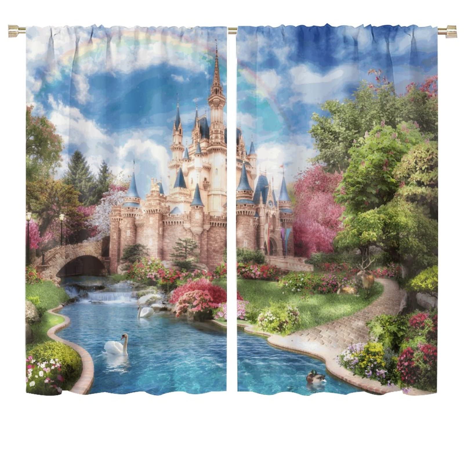 Dreamy Castle Fairy Tale Princess Prince Boys Kids Children Baby Curtain BlueWhite Clouds Home Bedroom Decor Polyester Fabric 2 Panel 72W ×63L Inch