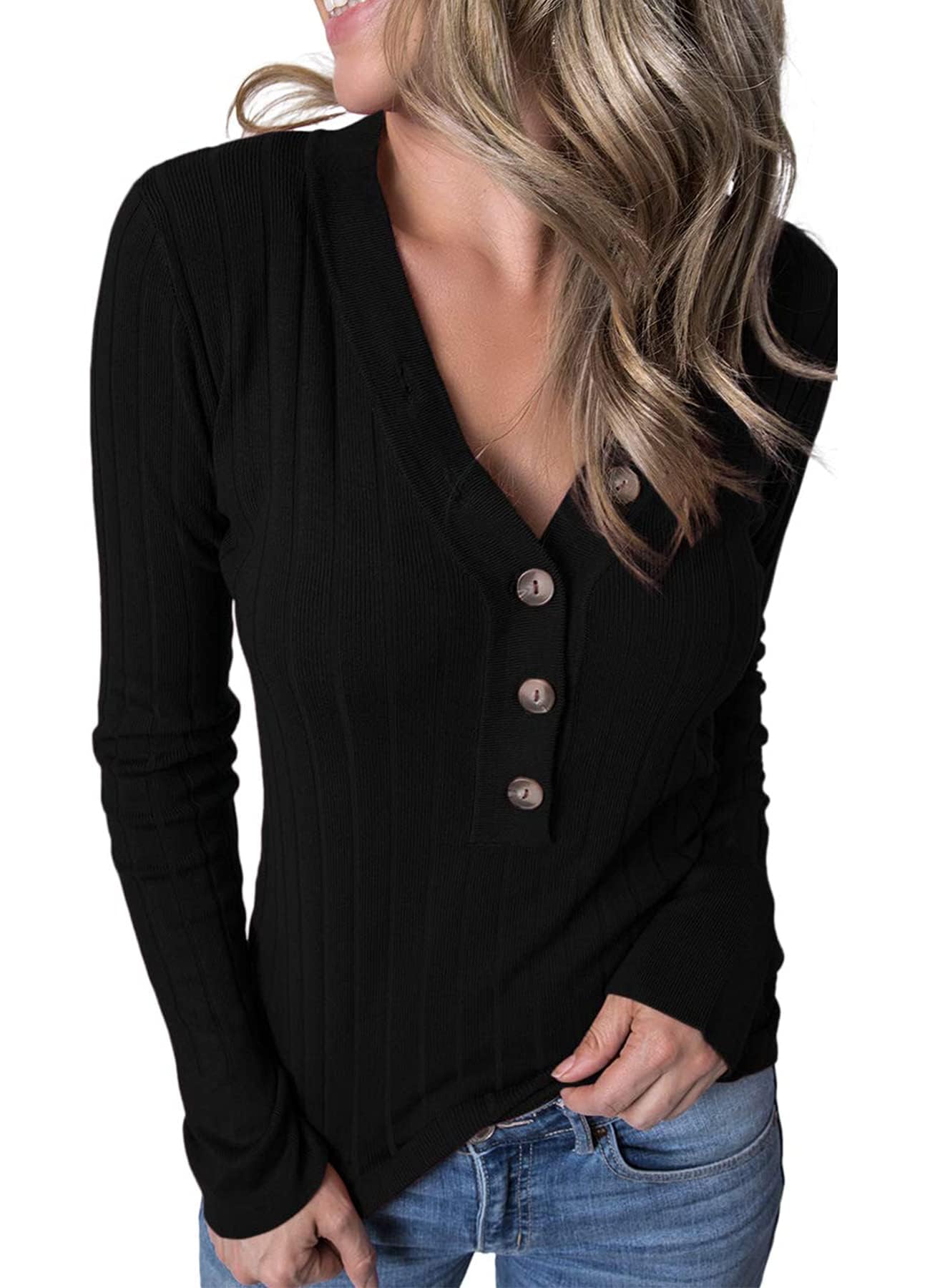 MEROKEETY Women's 2024 Long Sleeve V Neck Ribbed Button Knit Sweater Solid Color Tops