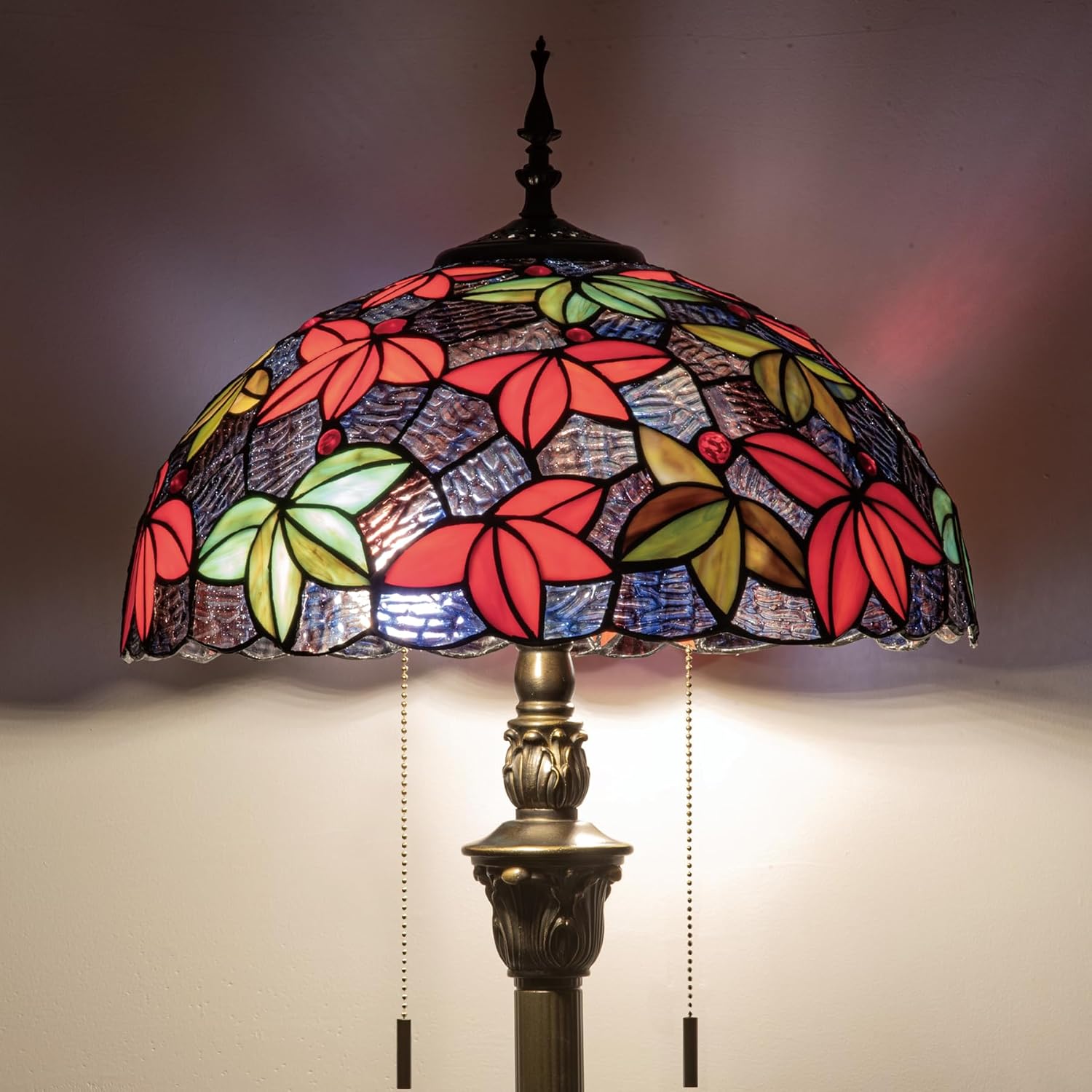 Tiffany Floor Lamp, 16" Stained Glass Maple Leaf Shade with Antique Bronze Base, 2-Light E26 Pull Chain Standing Reading Light for Living Room Bedroom16x16x64 Inches (Purple Blue Maple Leaf)