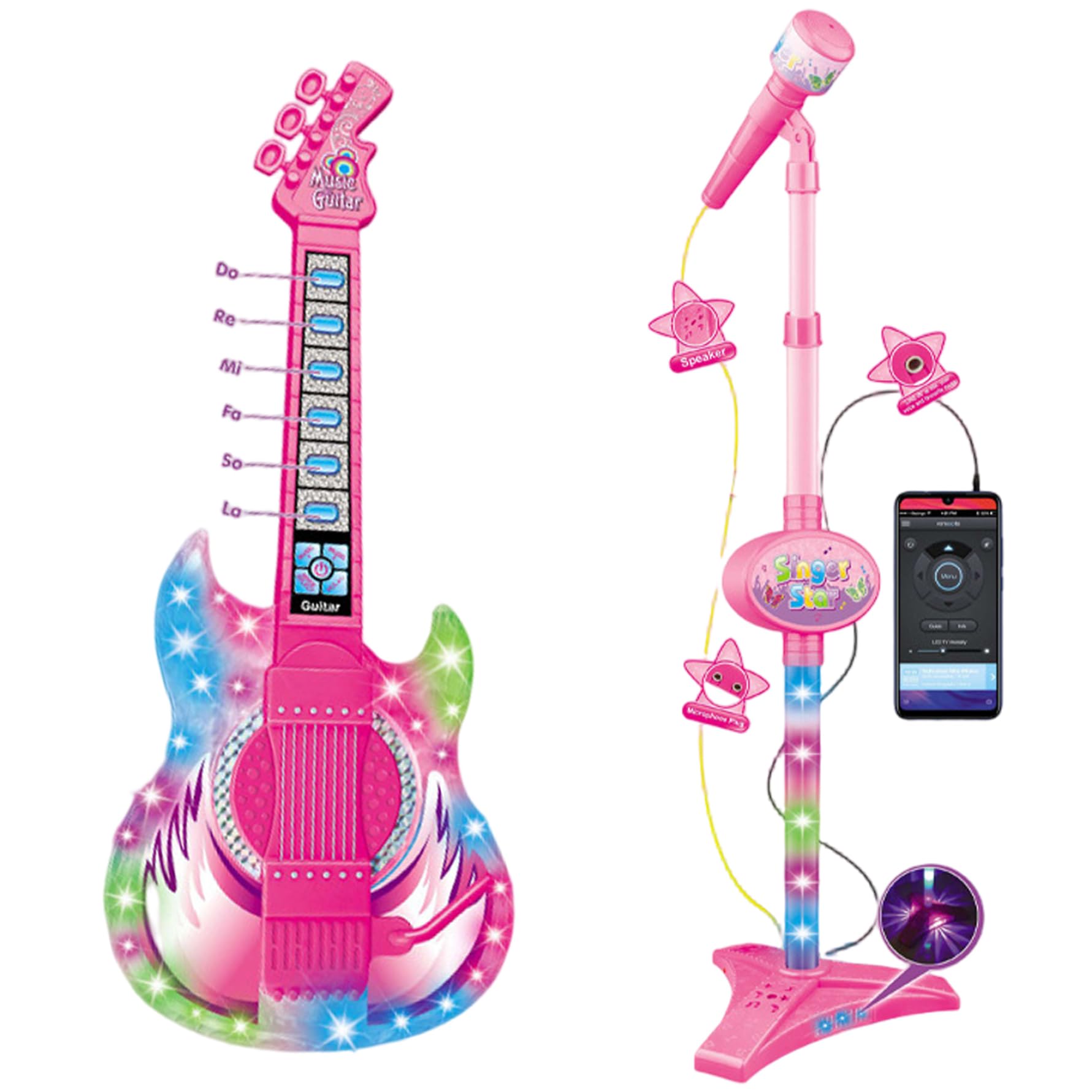Guitarra eléctrica para niños, Guitarra y micrófono para niños, Juguete con música y luz, micrófono 2 en 1 de Altura Ajustable con Soporte, Instrumentos de Juguete de Aprendizaje