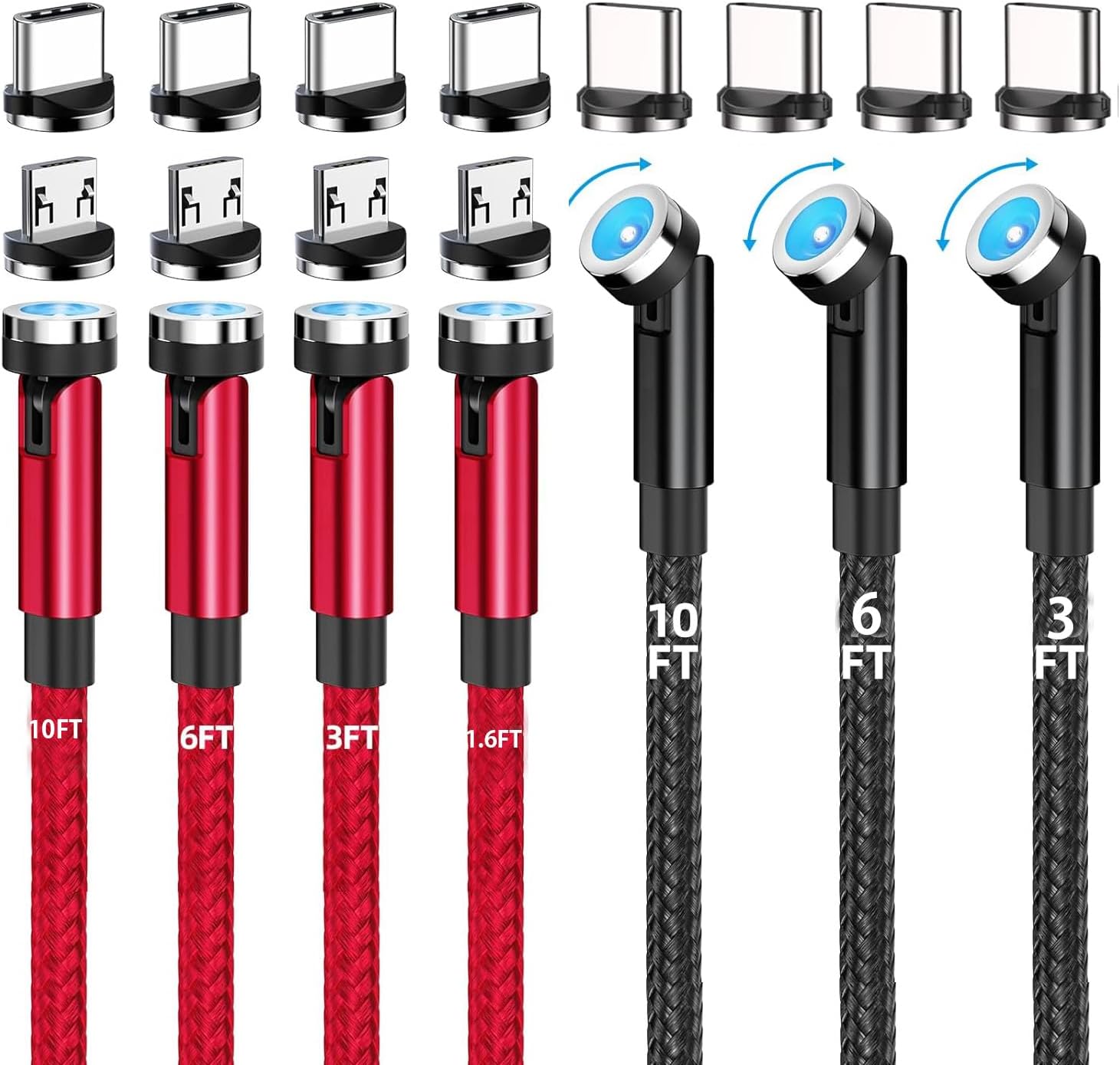 540 Rotation Nylon Braided USB C Magnetic Phone Charger (7-Pack, 1.6ft/3.3ft/3.3ft/6.6ft/6.6ft/10ft/10ft) - 3 in 1 Magnetic Cable Compatible with Micro USB, Type C iProduct etc
