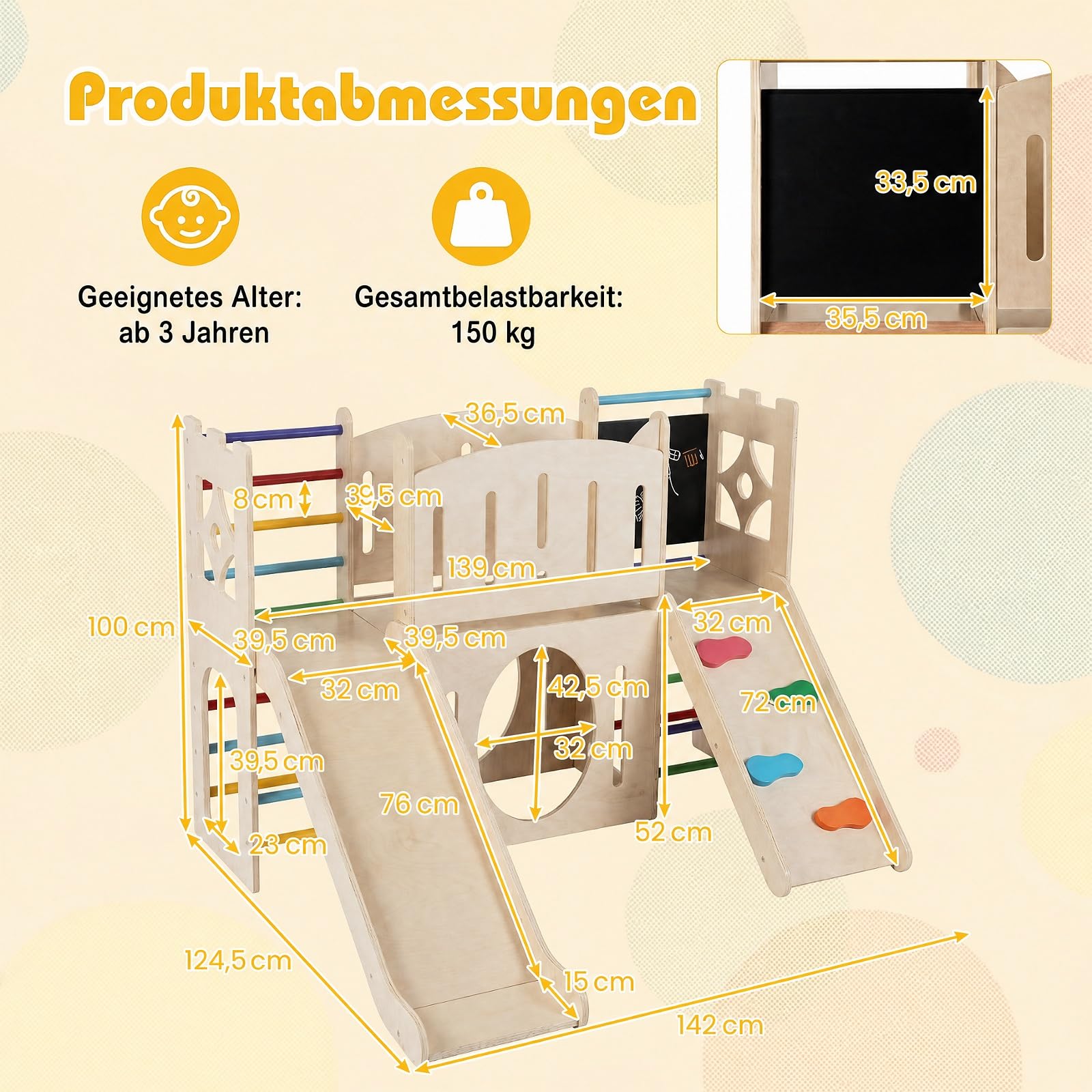 COSTWAY Kinder Rutsche Klettergerüst, 8-in-1 Indoor Spielplatz (Farbig) | Holz Rutsche mit Kletterleiter & Kletterrampe, Tunnel, Tafel, Stauraum, für Kinder ab 3 Jahren