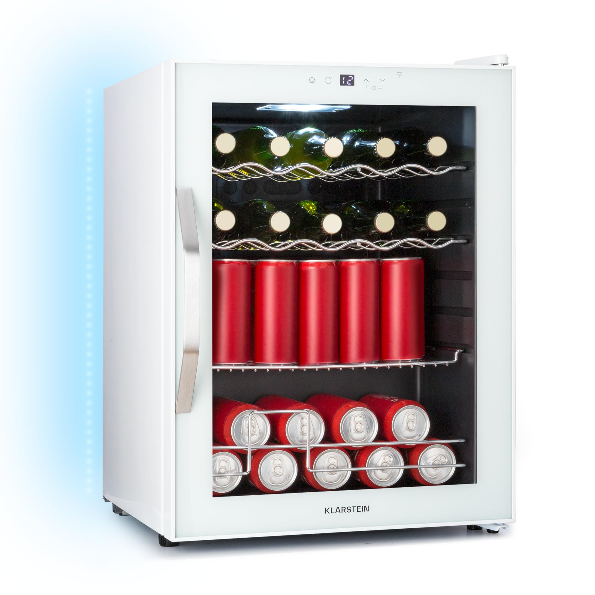 Klarstein Coachella 60 - Frigo per Bibite, 60L, Frigo per Bibite con Vetrina e WiFi, Illuminazione LED in 7 Colori, Sportello in Vetro, Controllo Touch, 3 Ripiani, 3-18°C, Bianco