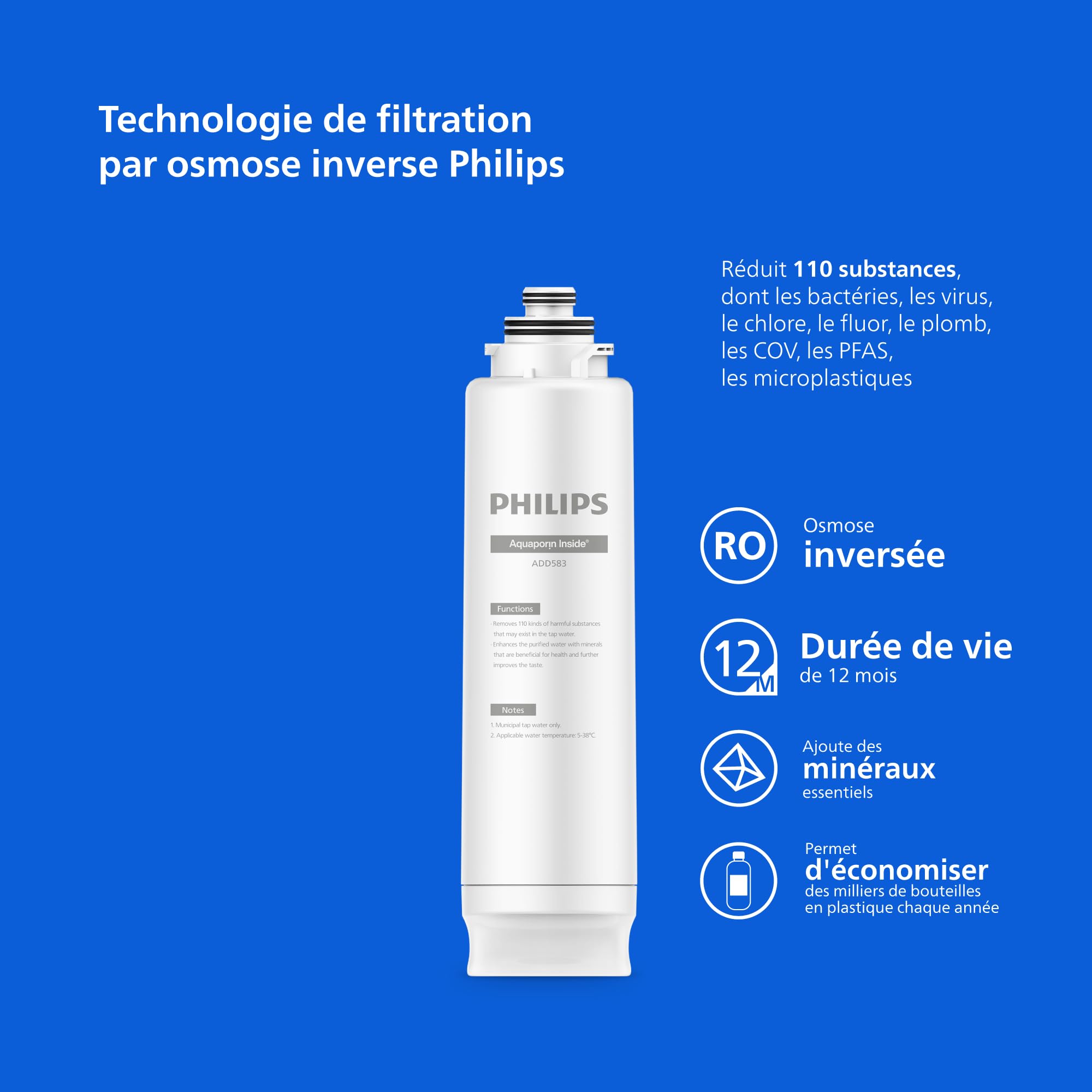Philips Water Distributeur d’eau à osmose inverse 6100: eau chaude/froide filtrée en secondes, RO 6-en-1 préservant les minéraux, >110 contaminants réduits, ratio 3:1, UV-C, sans installation, 2000 L