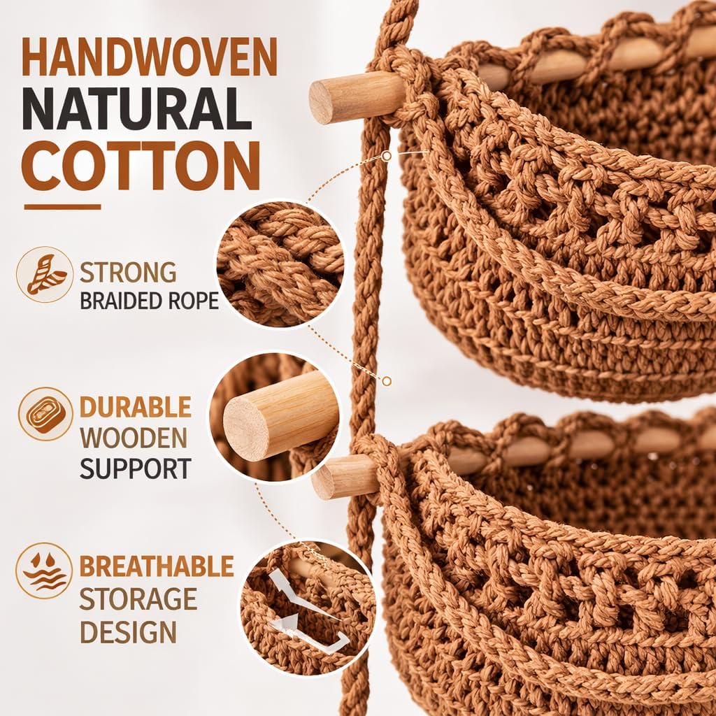 3 Tier Hanging Fruit Basket for Kitchen, Wall Mounted Cotton Rope Produce Storage Organizer, Boho Farmhouse Decor, Space Saver for Small Kitchens, Pantry, Bathroom, RV, Plant & Vegetable Storage