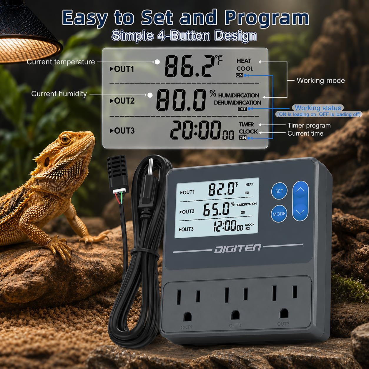 DIGITEN Controlador de temperatura y humedad 3 en 1 con salida de