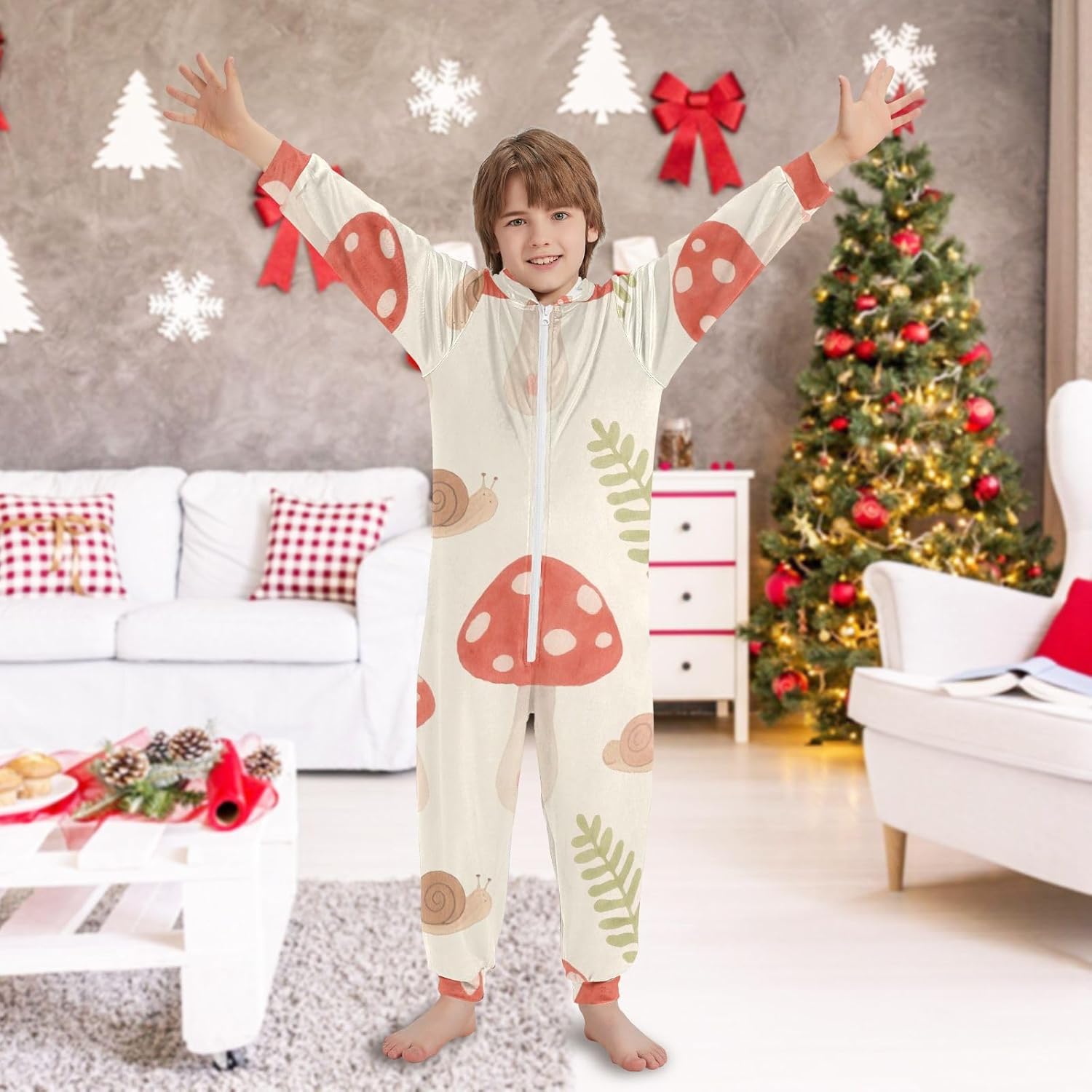 Lovely Red Mushroom Zip Up Onesie Pajamas Hooded Loungewear Sleepwear for Parties Sleepovers