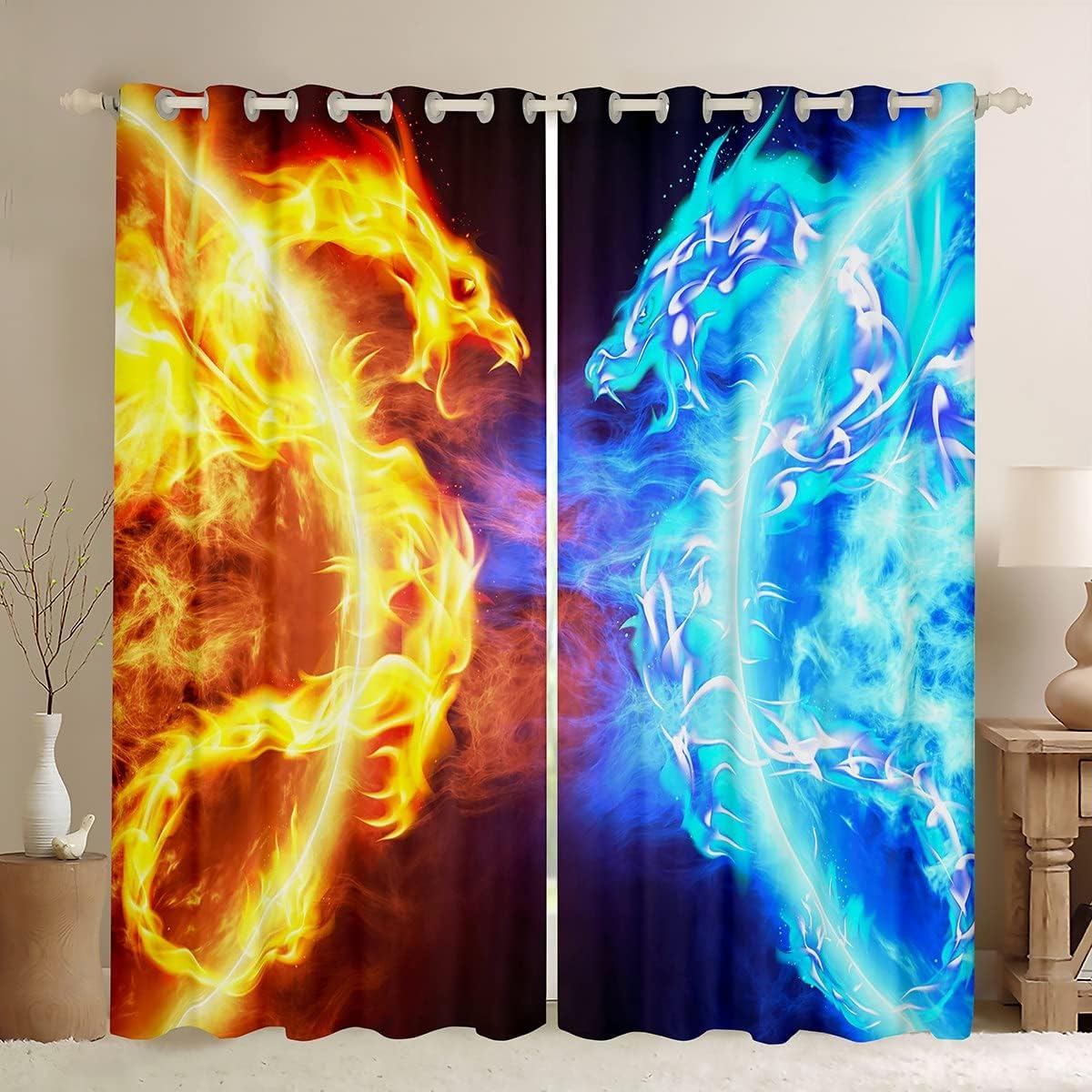 Fire Dragon Curtain Kids Red Blue Dinosaur Window Drapes for Girls Teens Western Wildlife Animal Window Curtain Farmhouse Window Treatments Room Decor (2 Panels, 38 x 54 Inch) Multi 1028 38"
