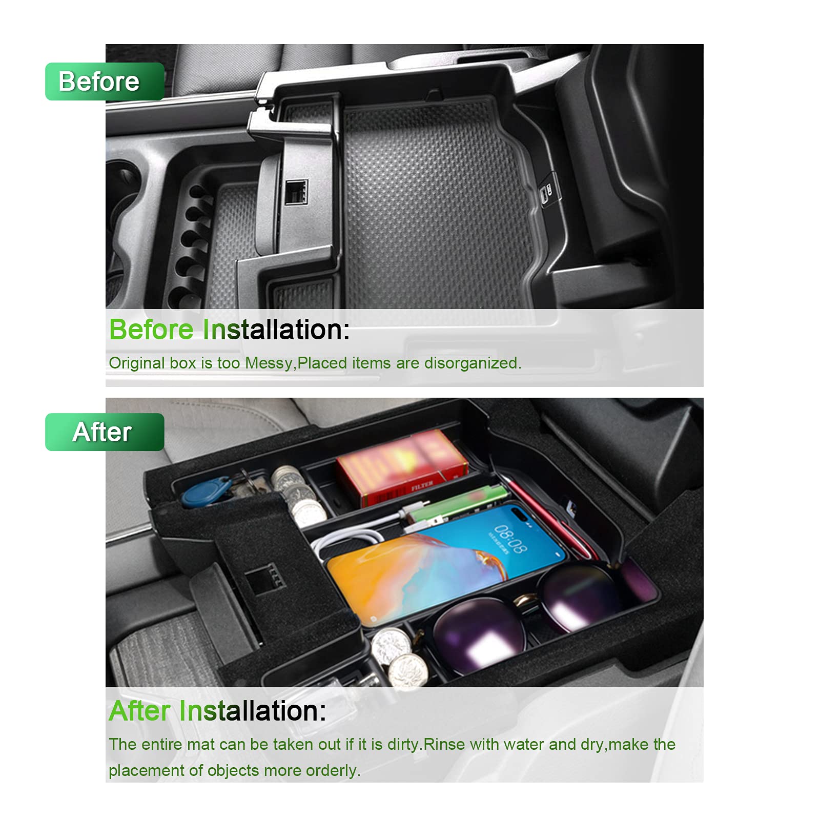 YEE PIN Aufbewahrungsbox Dodge RAM 1500 mk5 2019-2022 2023 Mittelkonsole Organizer Tray Handschuhfach RAM 1500 Armlehne Organizer Zubehör Mit Rutschfestermatte